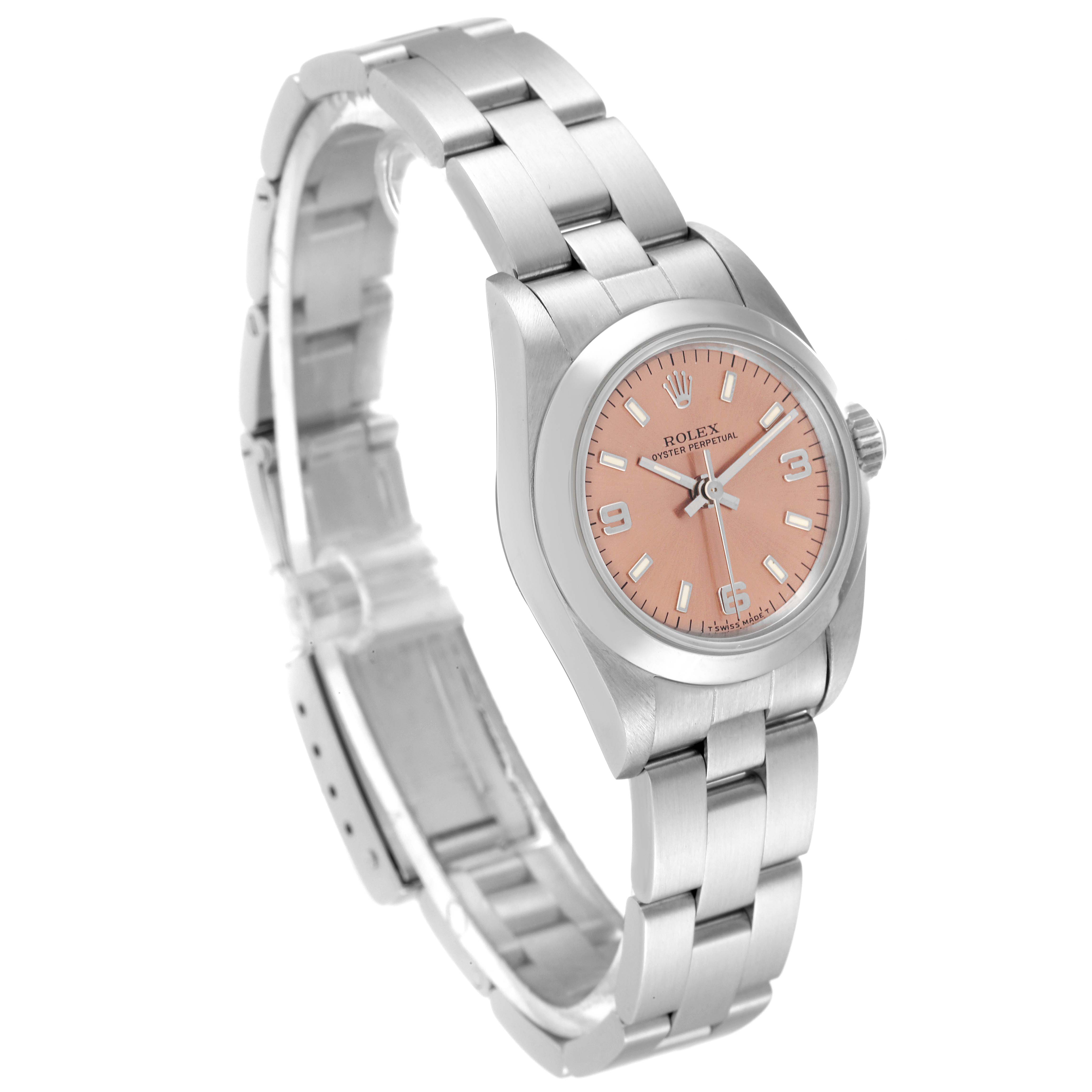 This image features a Rolex Oyster Perpetual 67180 Women
s Stainless Steel Pink Dial 67180 Women
s Stainless Steel Pink Dial watch, angled to show the pink dial, case, bracelet, and crown.