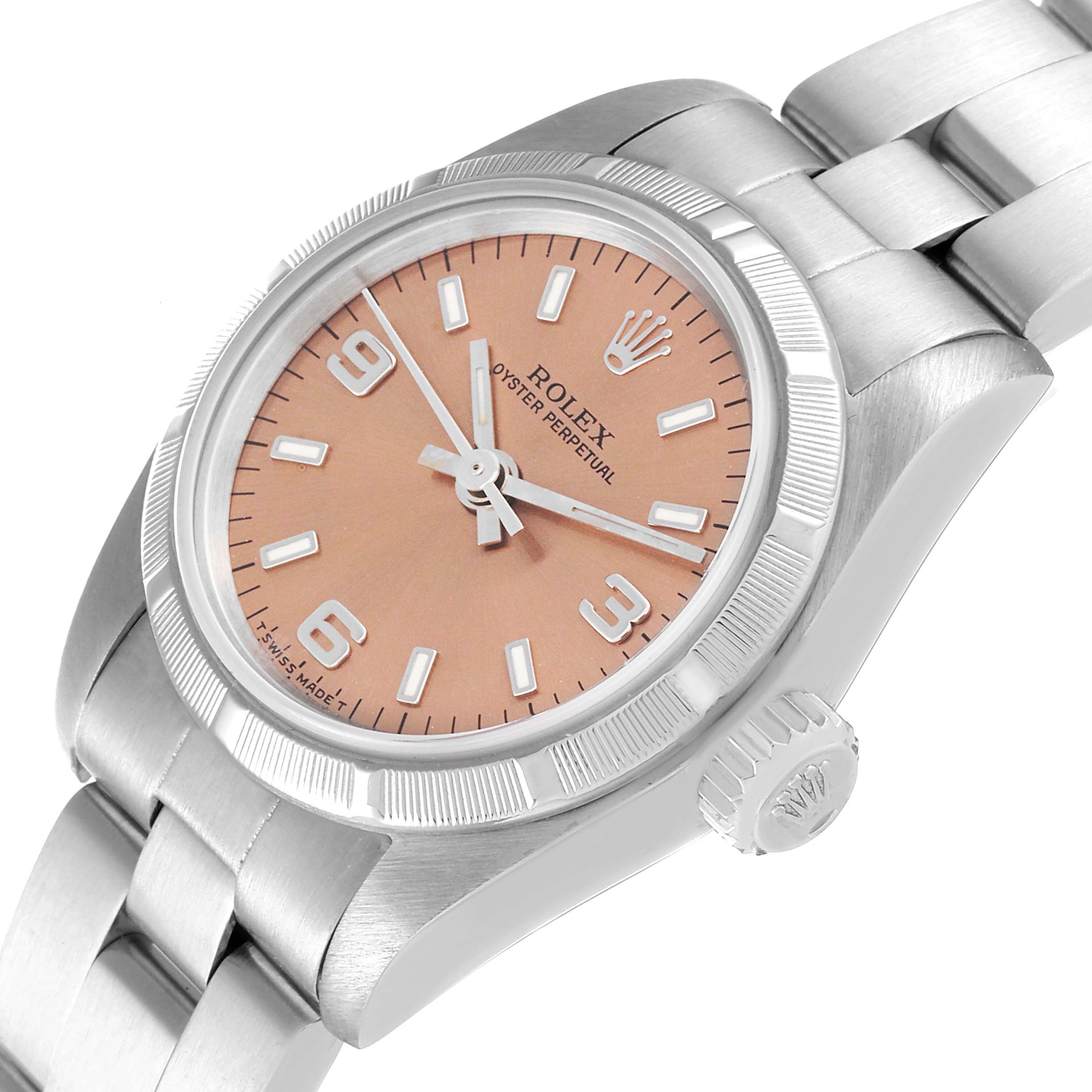 The image shows a Rolex Oyster Perpetual 67230 Women
s Stainless Steel Pink Dial 67230 Women
s Stainless Steel Pink Dial watch from a front angle, highlighting the dial, bezel, and bracelet.