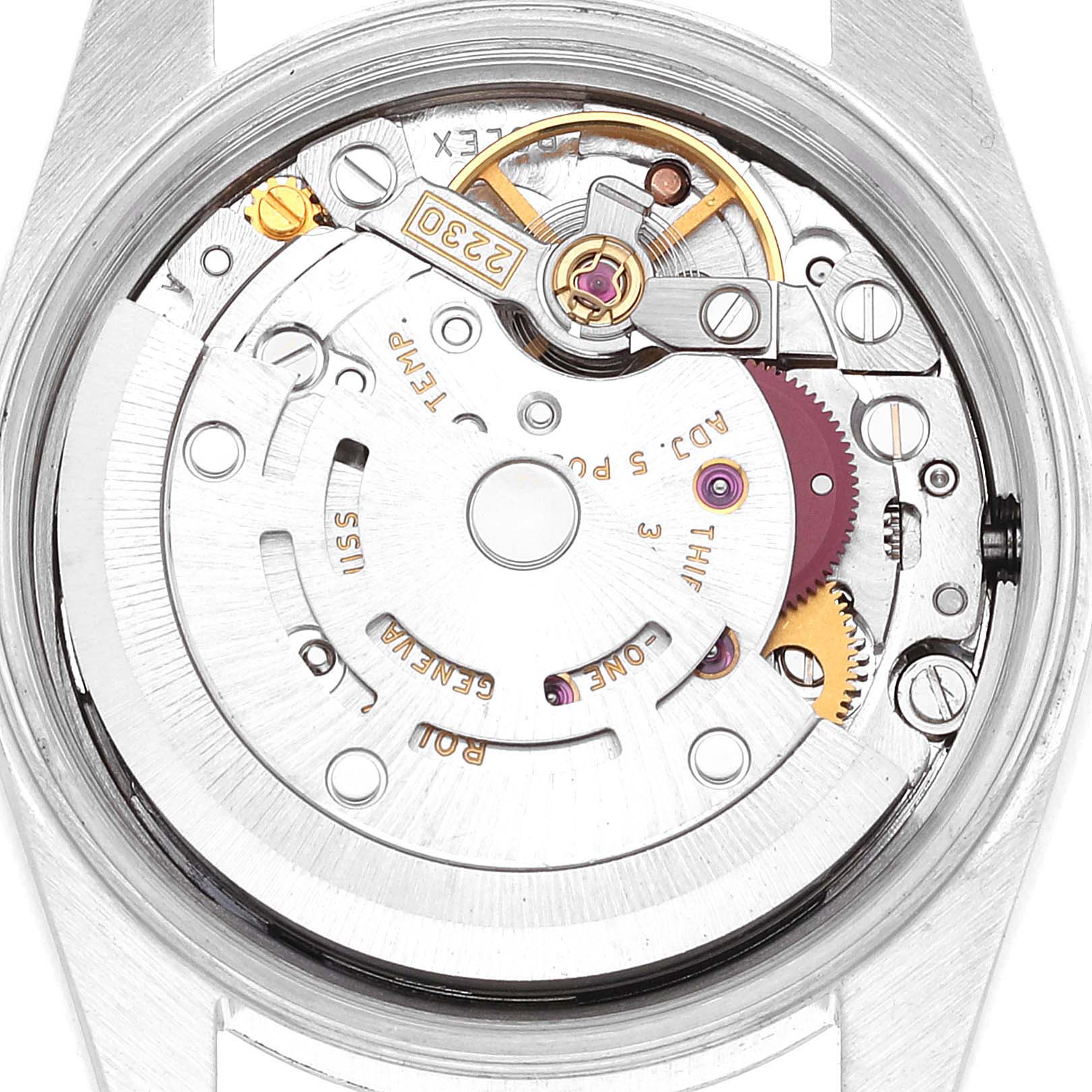 This image shows the internal mechanical components of a Rolex Oyster Perpetual 76080 Women
s Stainless Steel Pink Dial 76080 Women
s Stainless Steel Pink Dial watch from a top-down angle.