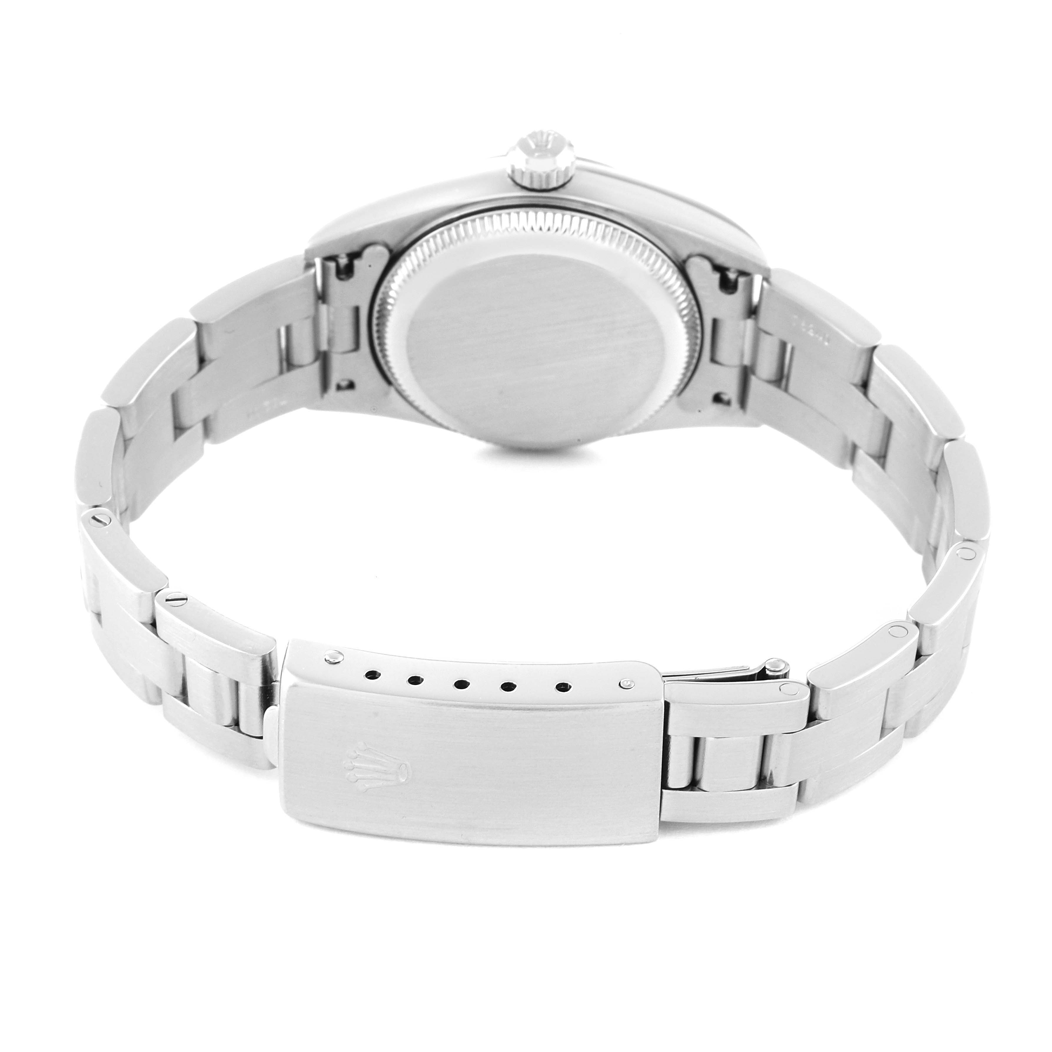 This image shows the back view of a Rolex Oyster Perpetual 76080 Women
s Stainless Steel Pink Dial 76080 Women
s Stainless Steel Pink Dial watch, highlighting the case back and bracelet clasp.