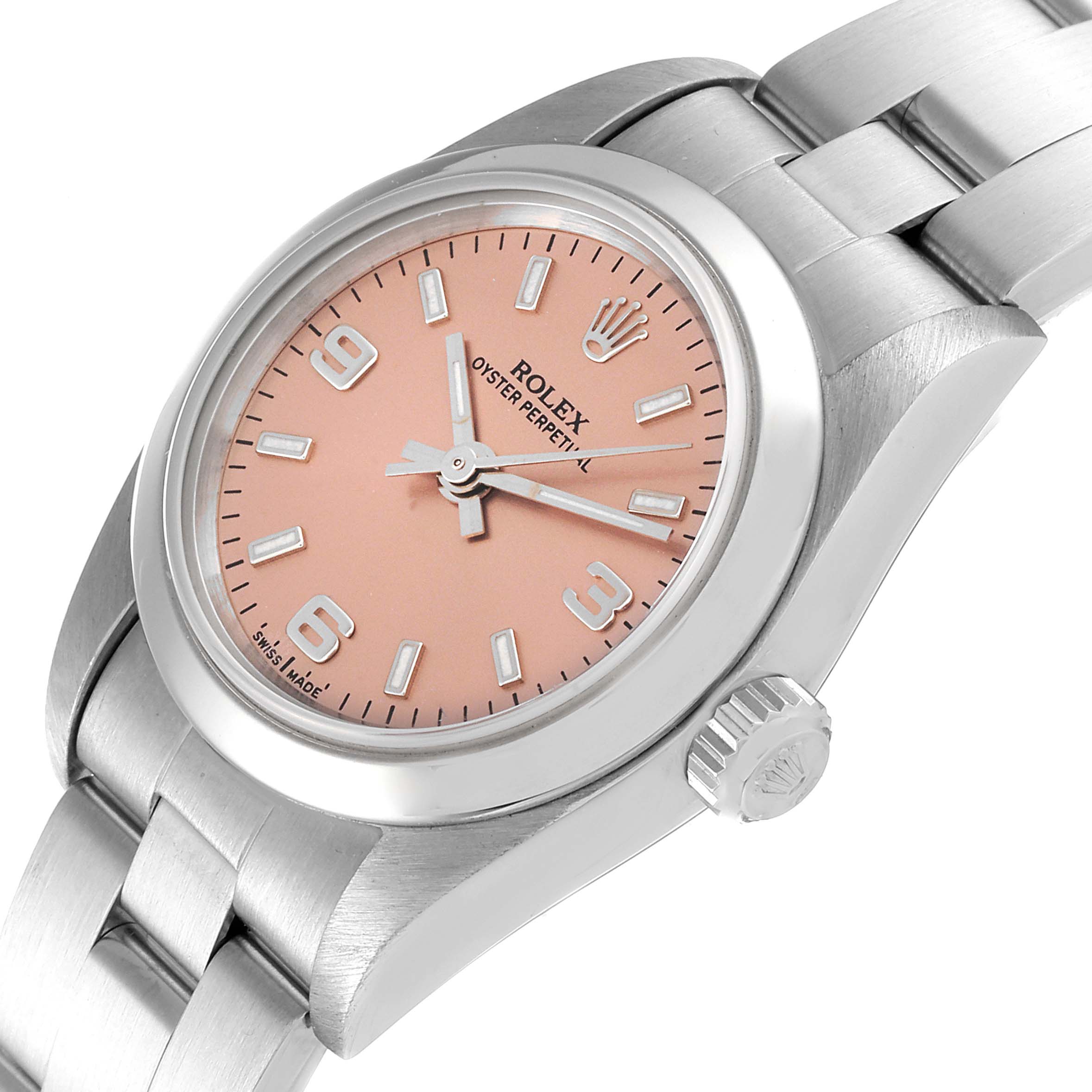 The image shows a side angle of a Rolex Oyster Perpetual 76080 Women
s Stainless Steel Pink Dial 76080 Women
s Stainless Steel Pink Dial watch, highlighting the dial, bezel, crown, and part of the bracelet.