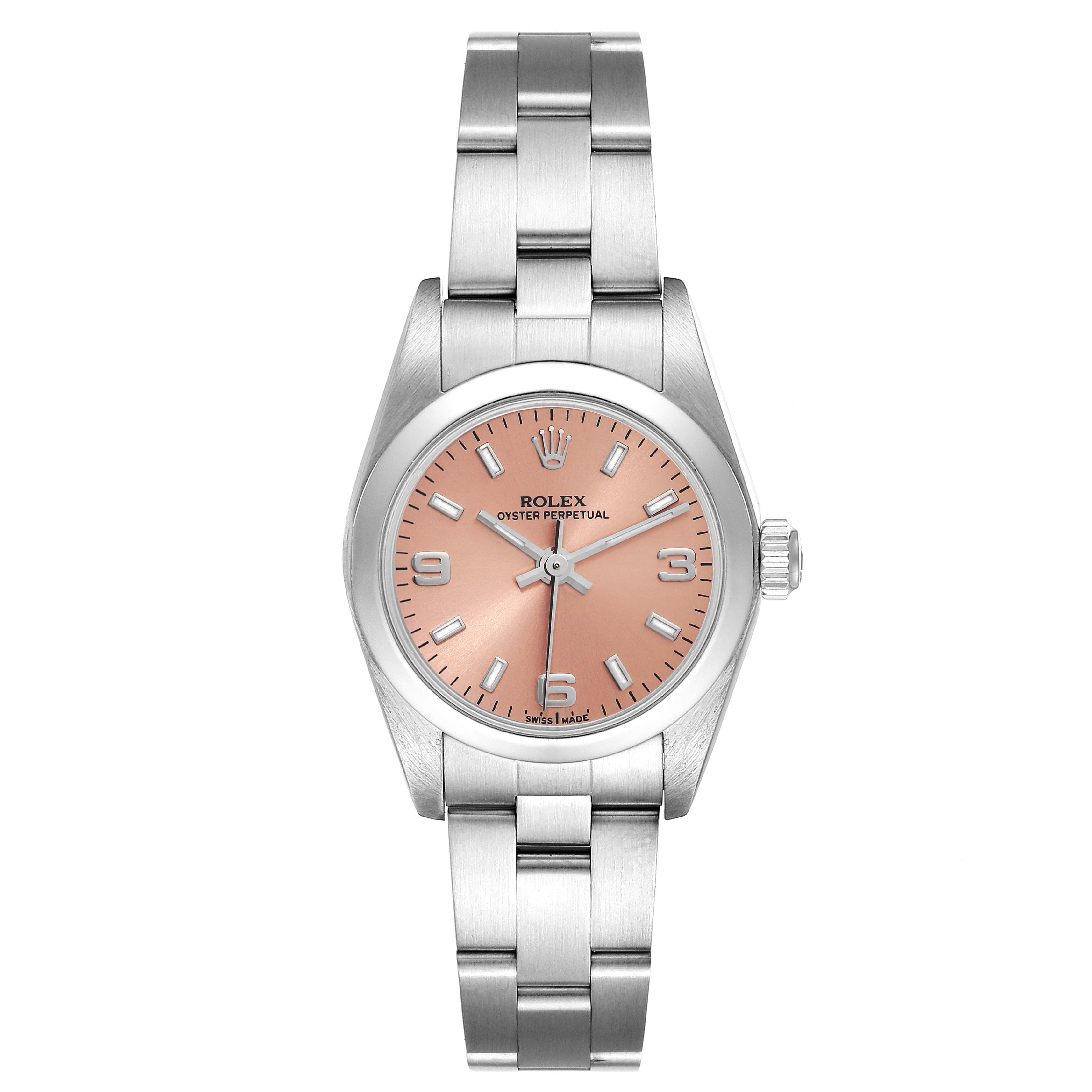 This image shows a front view of the Rolex Oyster Perpetual 76080 Women
s Stainless Steel Pink Dial 76080 Women
s Stainless Steel Pink Dial watch, displaying its dial, bezel, and bracelet.