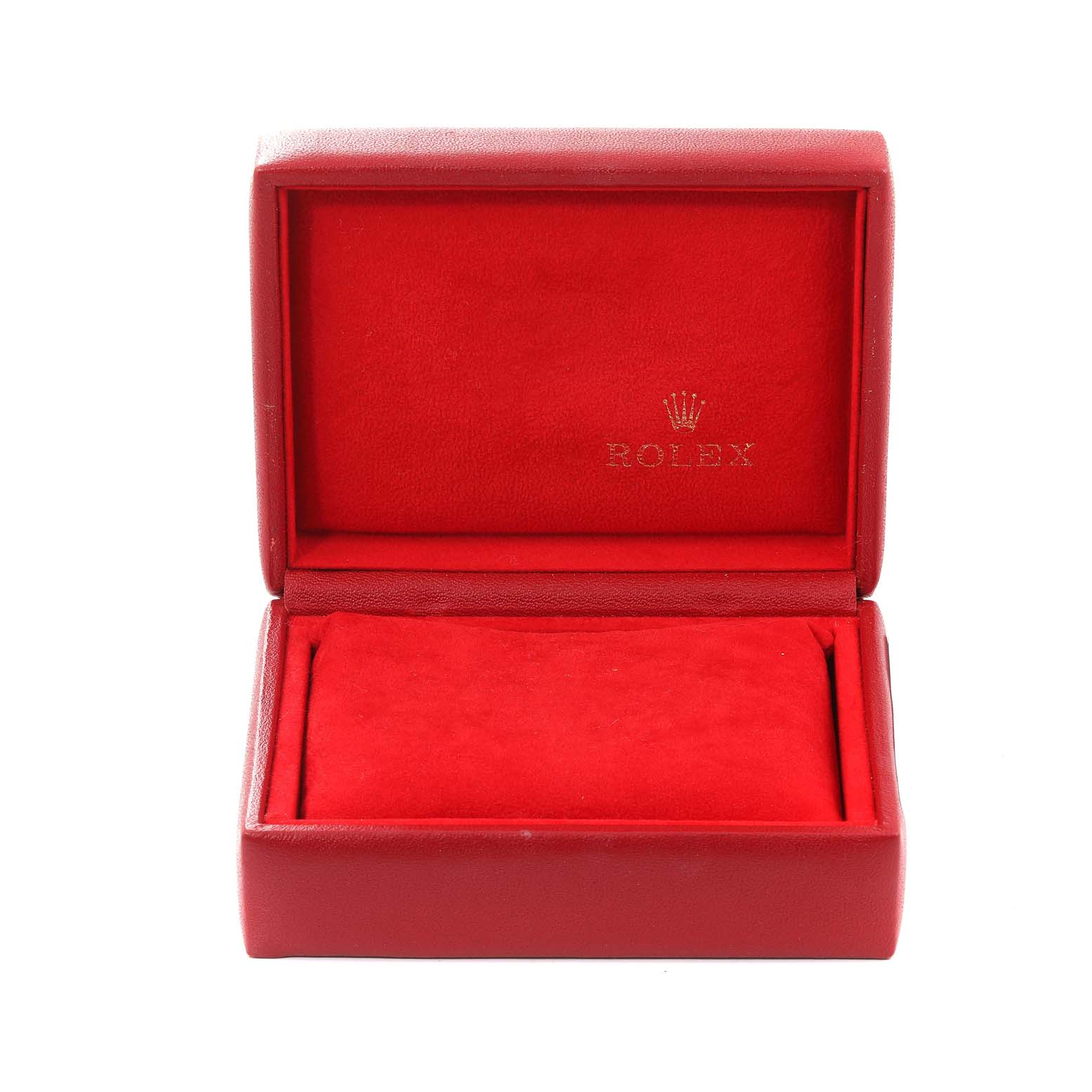 The image shows an open red velvet box for a Rolex Oyster Perpetual 76080 Women
s Stainless Steel Pink Dial 76080 Women
s Stainless Steel Pink Dial watch.