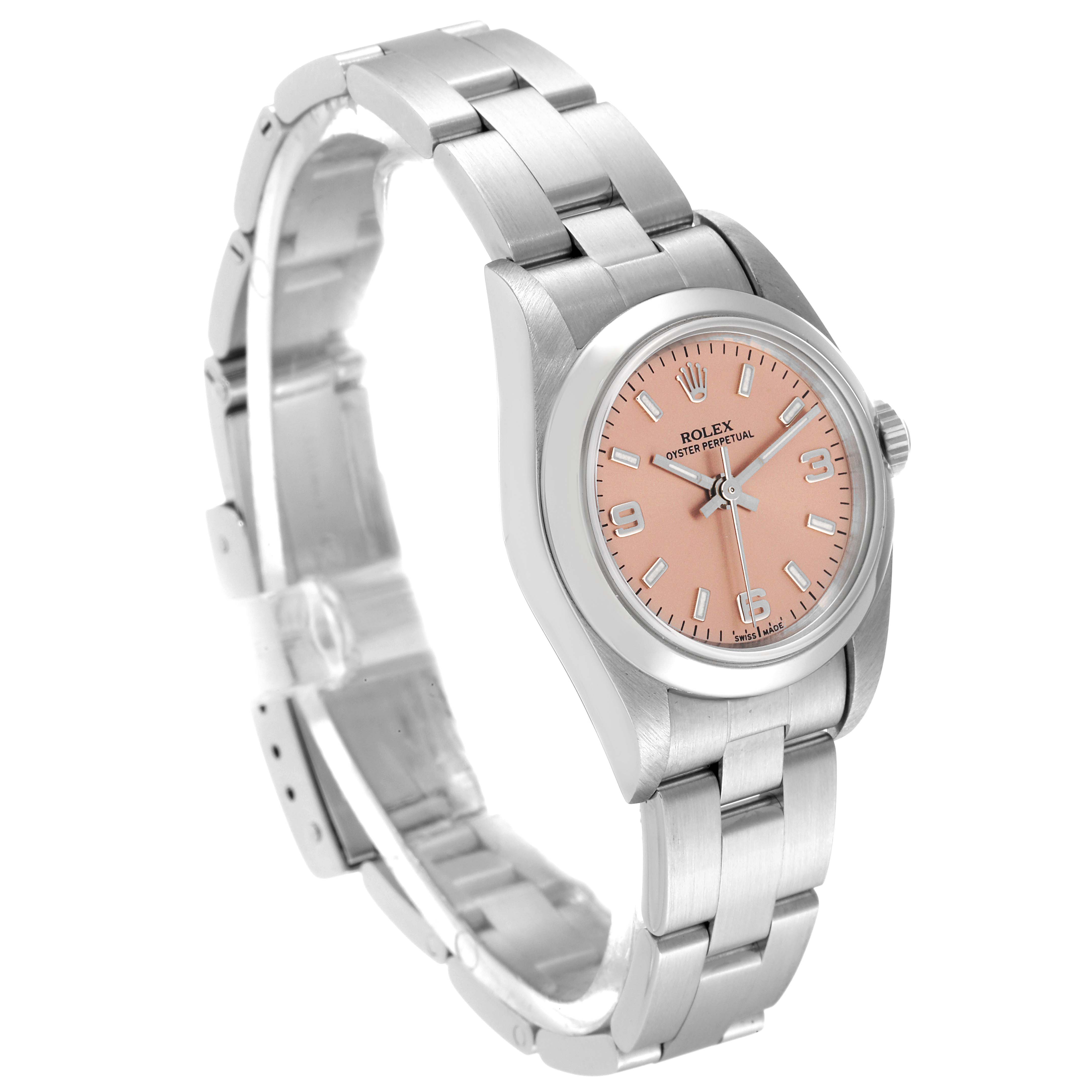 The Rolex Oyster Perpetual 76080 Women
s Stainless Steel Pink Dial 76080 Women
s Stainless Steel Pink Dial watch is shown at a slight angle, displaying the face, bracelet, and clasp.