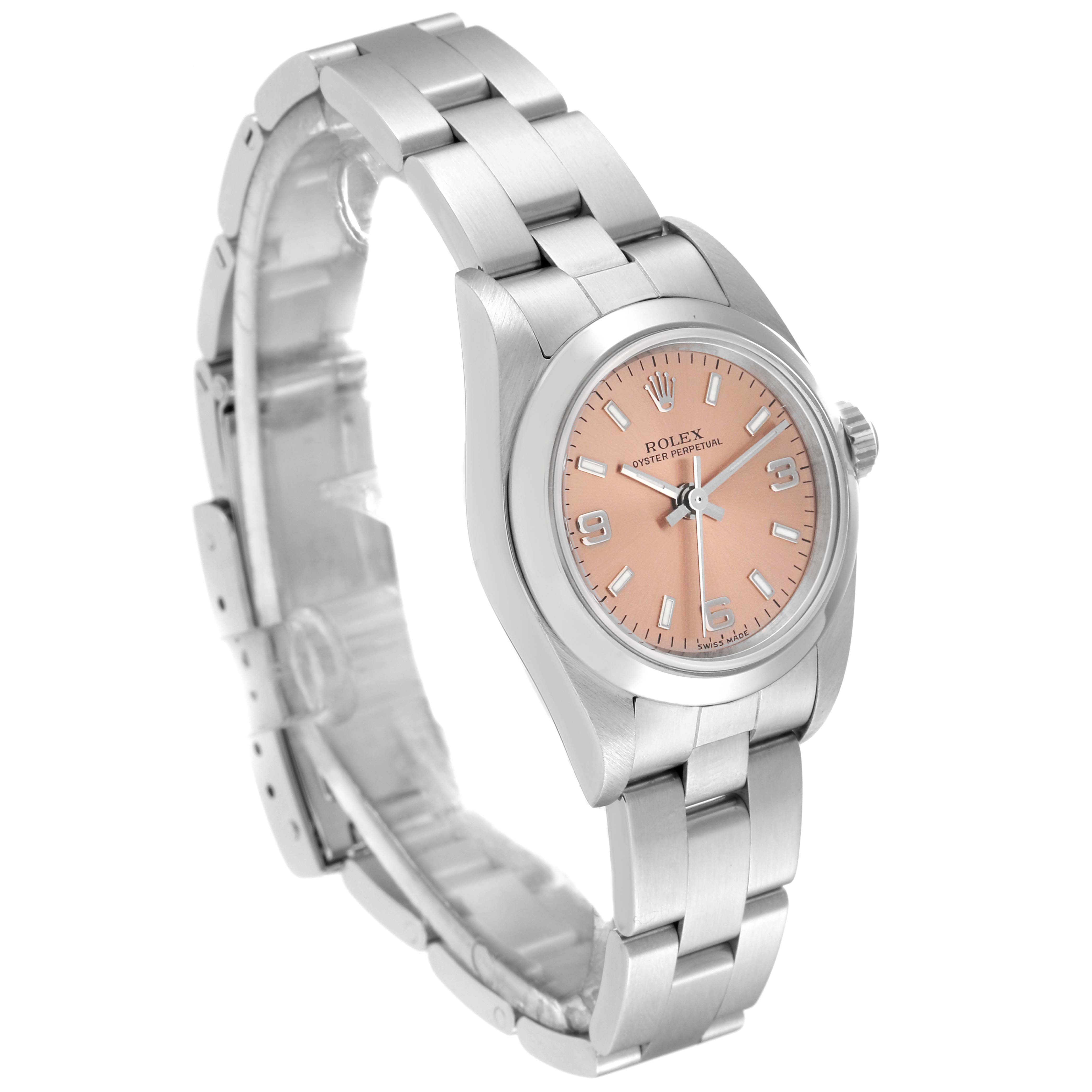 The image shows a side view and partial front view of a Rolex Oyster Perpetual 76080 Women
s Stainless Steel Pink Dial 76080 Women
s Stainless Steel Pink Dial watch.