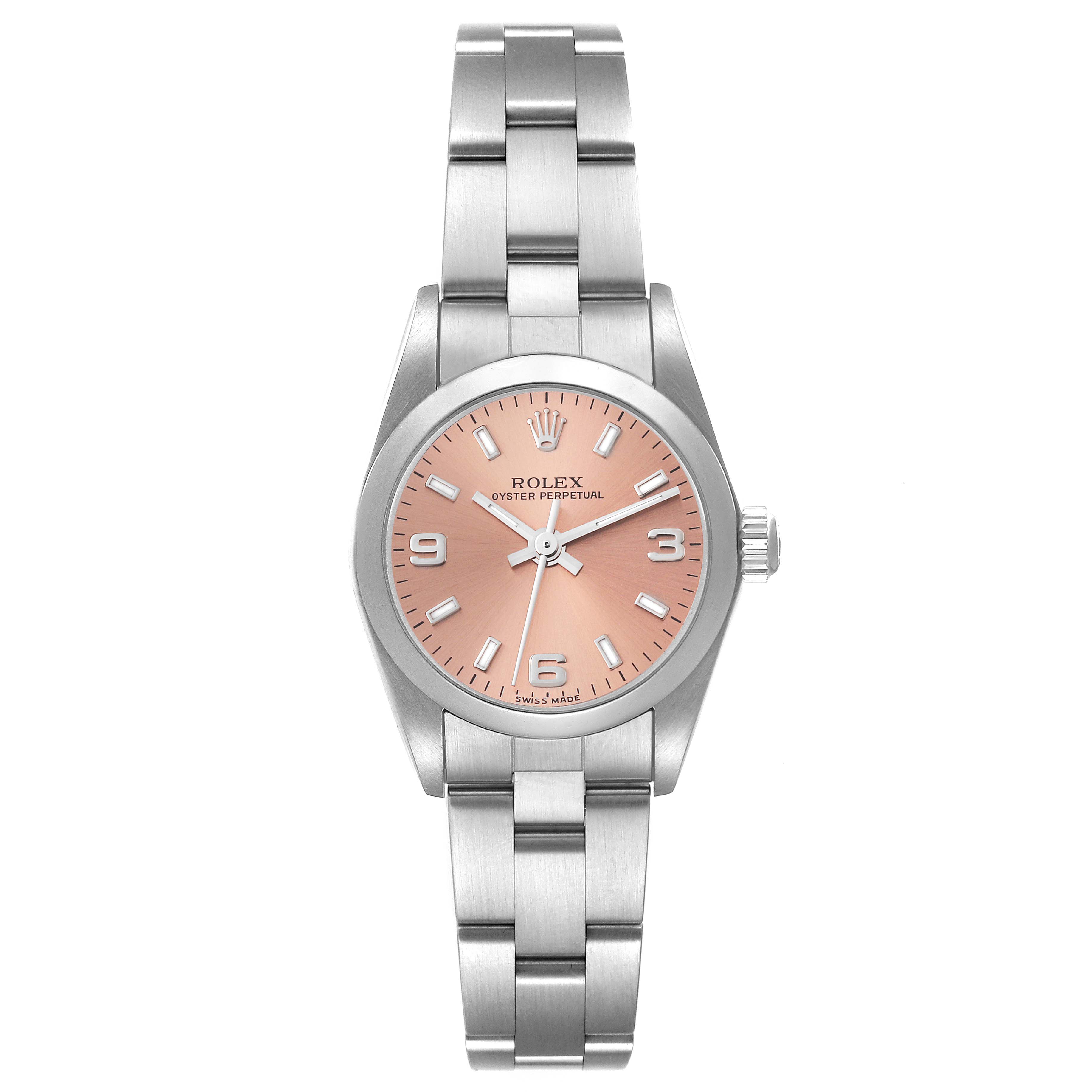 This image shows a front view of a Rolex Oyster Perpetual 76080 Women
s Stainless Steel Pink Dial 76080 Women
s Stainless Steel Pink Dial watch, featuring its bracelet, case, and dial.