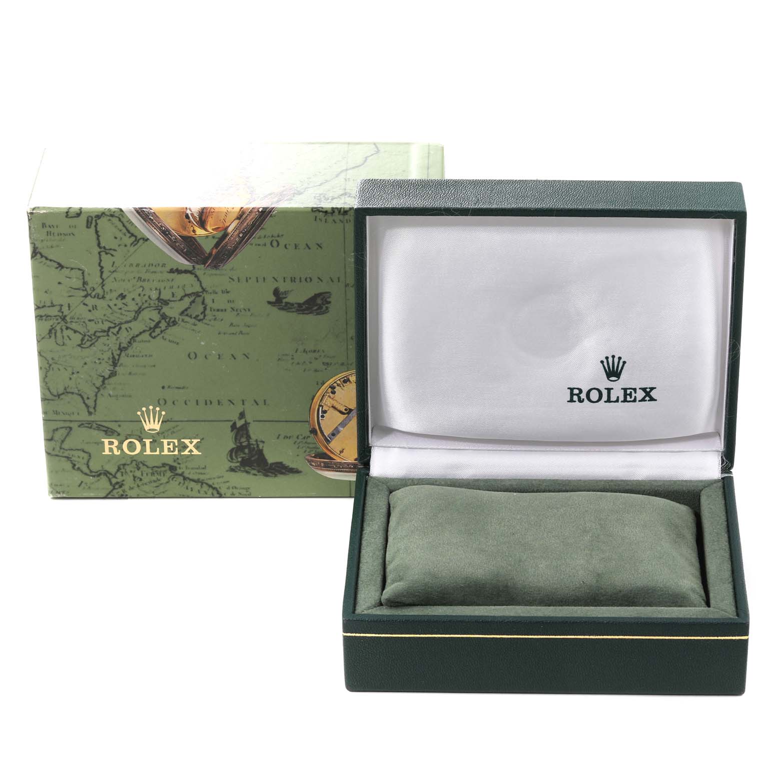 This image shows a Rolex Oyster Perpetual 76080 Women
s Stainless Steel Pink Dial 76080 Women
s Stainless Steel Pink Dial watch box with the outer packaging and the interior cushion on display.