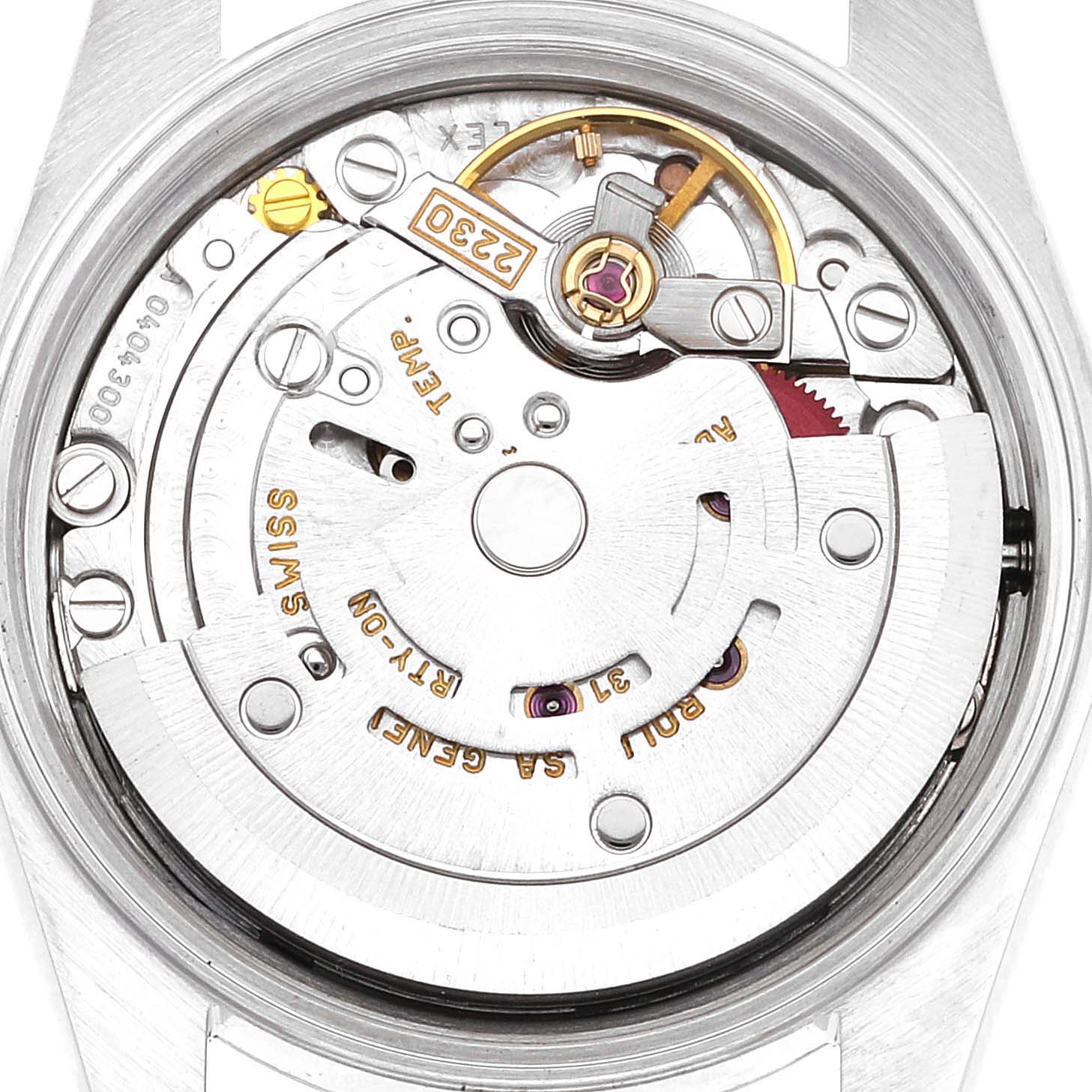 This image shows the inner mechanism, including the rotor and various components, of a Rolex Oyster Perpetual 76080 Women
s Stainless Steel Pink Dial 76080 Women
s Stainless Steel Pink Dial watch from a rear angle.