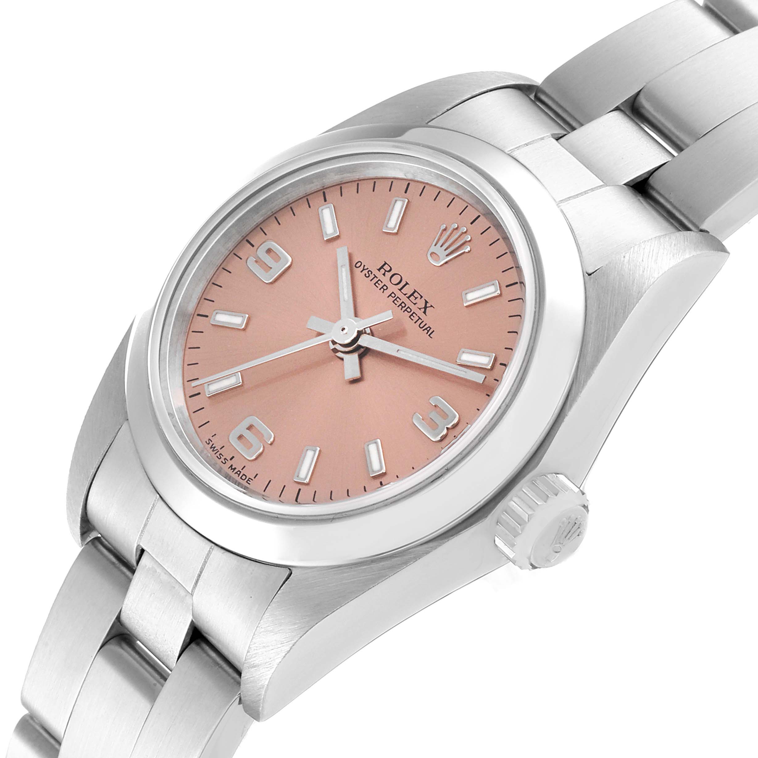 The image shows a Rolex Oyster Perpetual 76080 Women
s Stainless Steel Pink Dial 76080 Women
s Stainless Steel Pink Dial watch at an angled side view, highlighting its pink dial, bracelet, and crown.