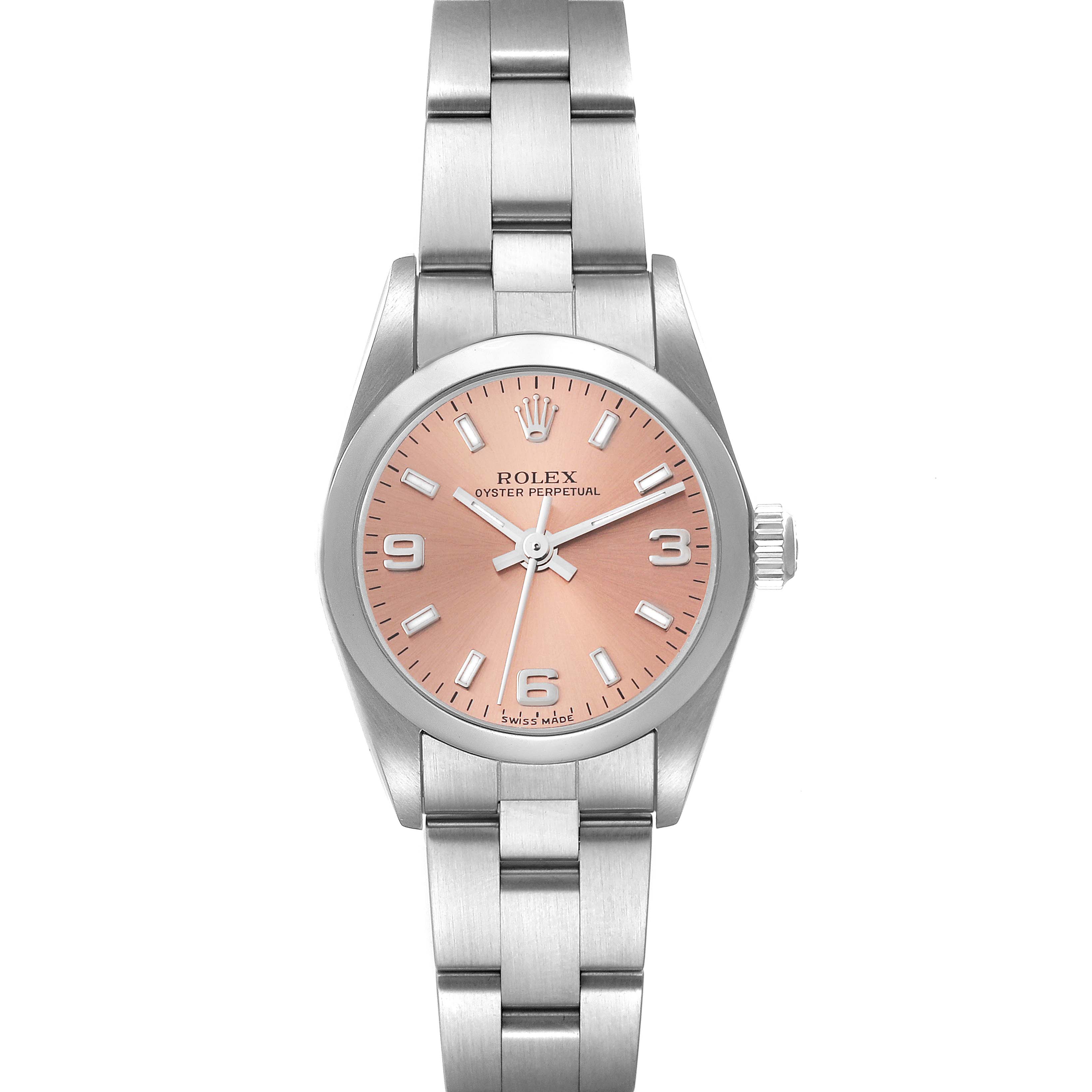 The image shows a front view of a Rolex Oyster Perpetual 76080 Women
s Stainless Steel Pink Dial 76080 Women
s Stainless Steel Pink Dial watch with a silver bracelet and a pink dial.