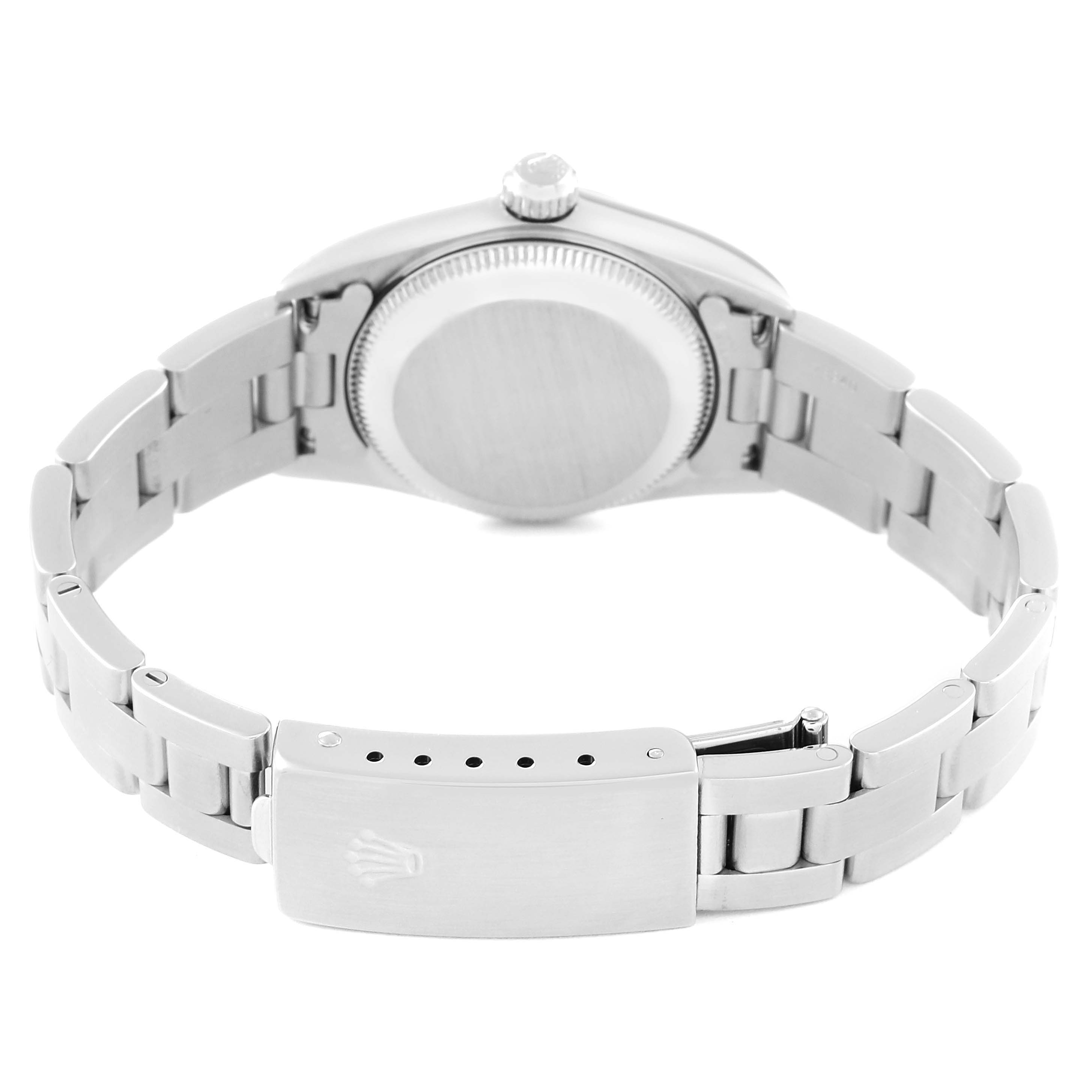 This image shows the back view of a Rolex Oyster Perpetual 76080 Women
s Stainless Steel Pink Dial 76080 Women
s Stainless Steel Pink Dial watch, highlighting the case back and the bracelet with the clasp.