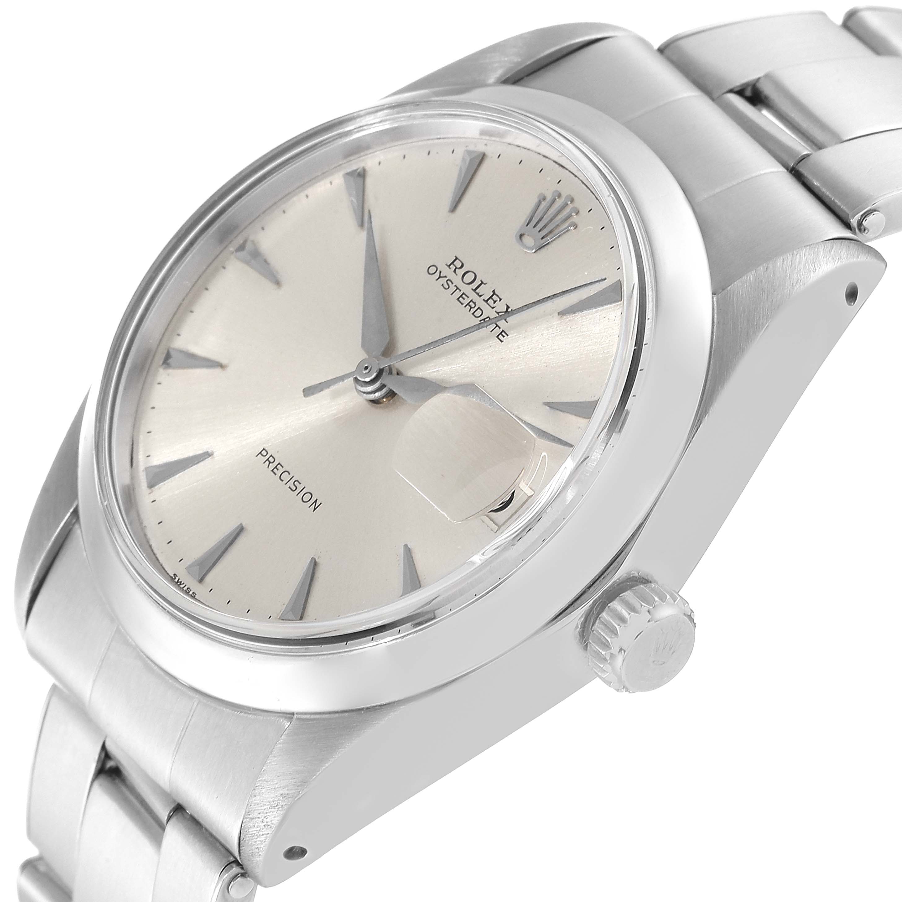 The image shows a side angle of a Rolex Vintage Collection 6694 Men's Stainless Steel Silver Dial 6694 Men's Stainless Steel Silver Dial model watch, highlighting its dial, crown, and bracelet.