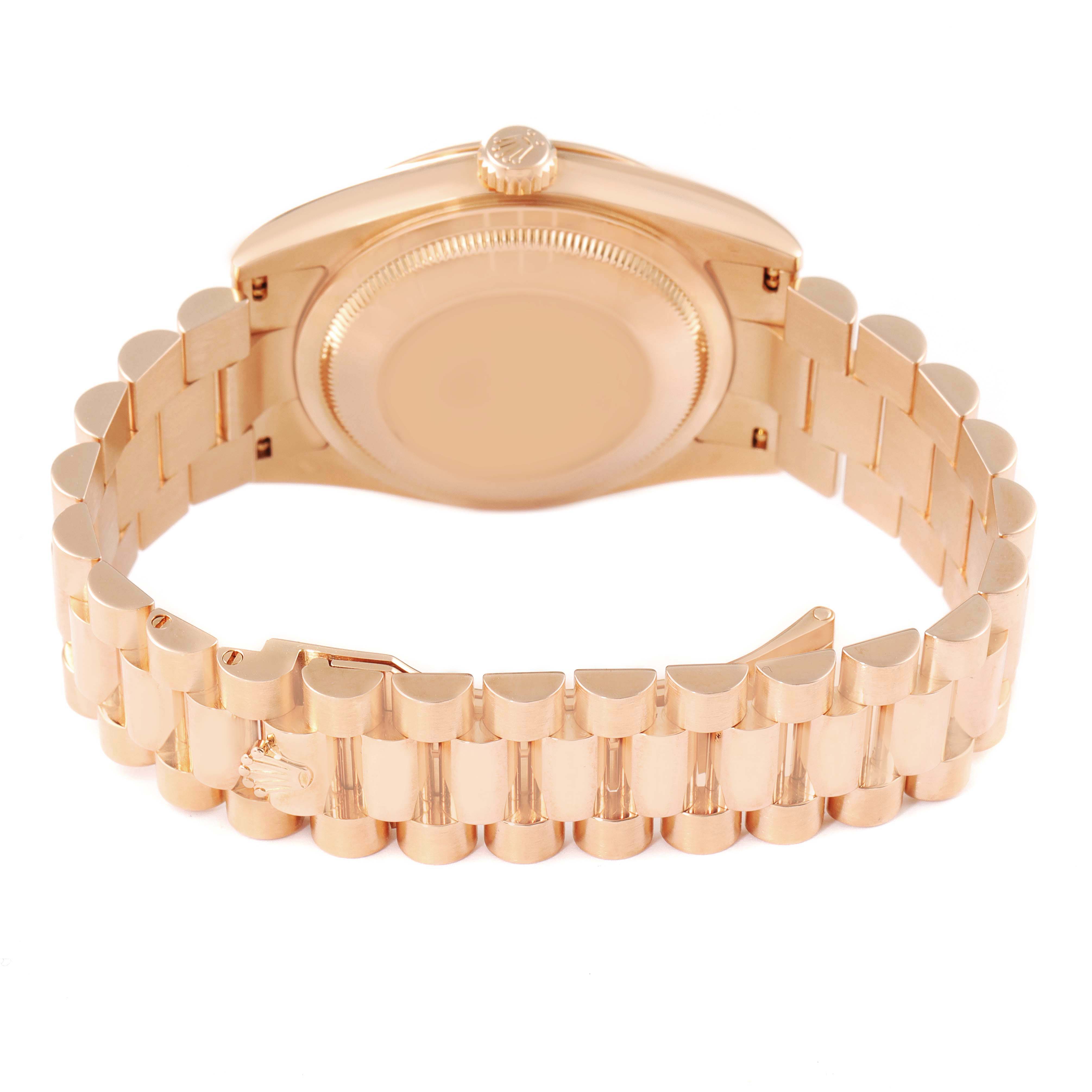 The image shows the back of the Rolex President 118205 Men's Rose Gold Silver Dial 118205 Men's Rose Gold Silver Dial watch, focusing on the case back and the bracelet.