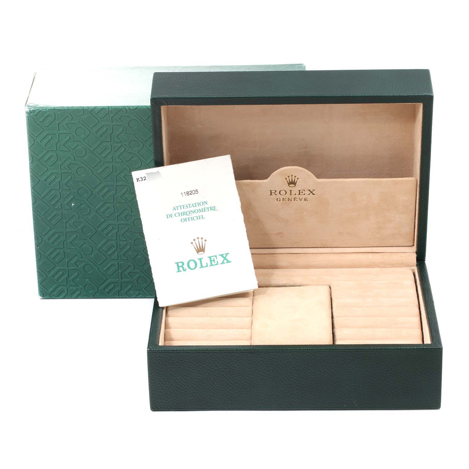 The image shows an open Rolex watch box with interior compartments and a certificate for the Rolex President 118205 Men's Rose Gold Silver Dial 118205 Men's Rose Gold Silver Dial model.