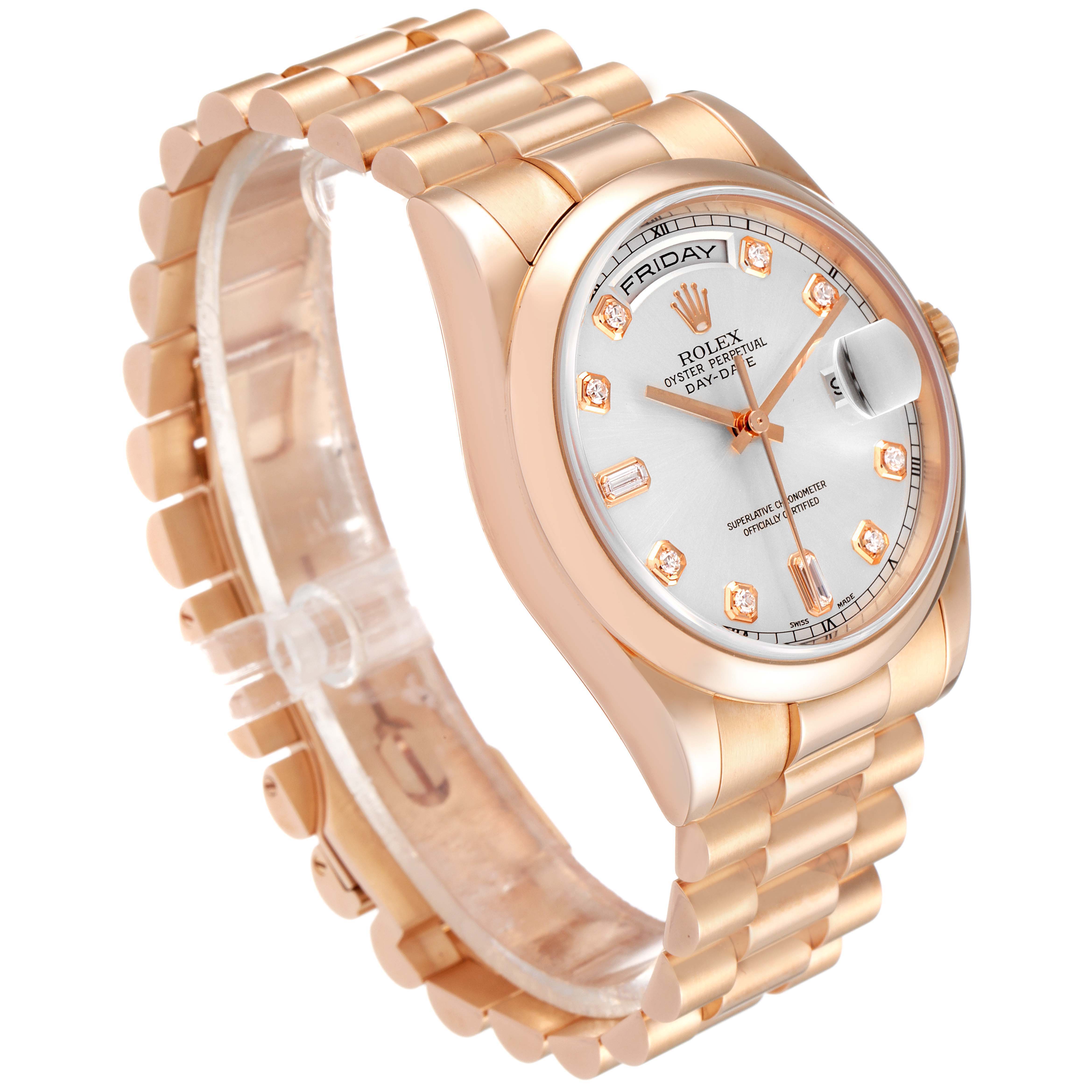 This image shows a side angle of a Rolex President 118205 Men's Rose Gold Silver Dial 118205 Men's Rose Gold Silver Dial watch, highlighting the band, case, dial, and crown.