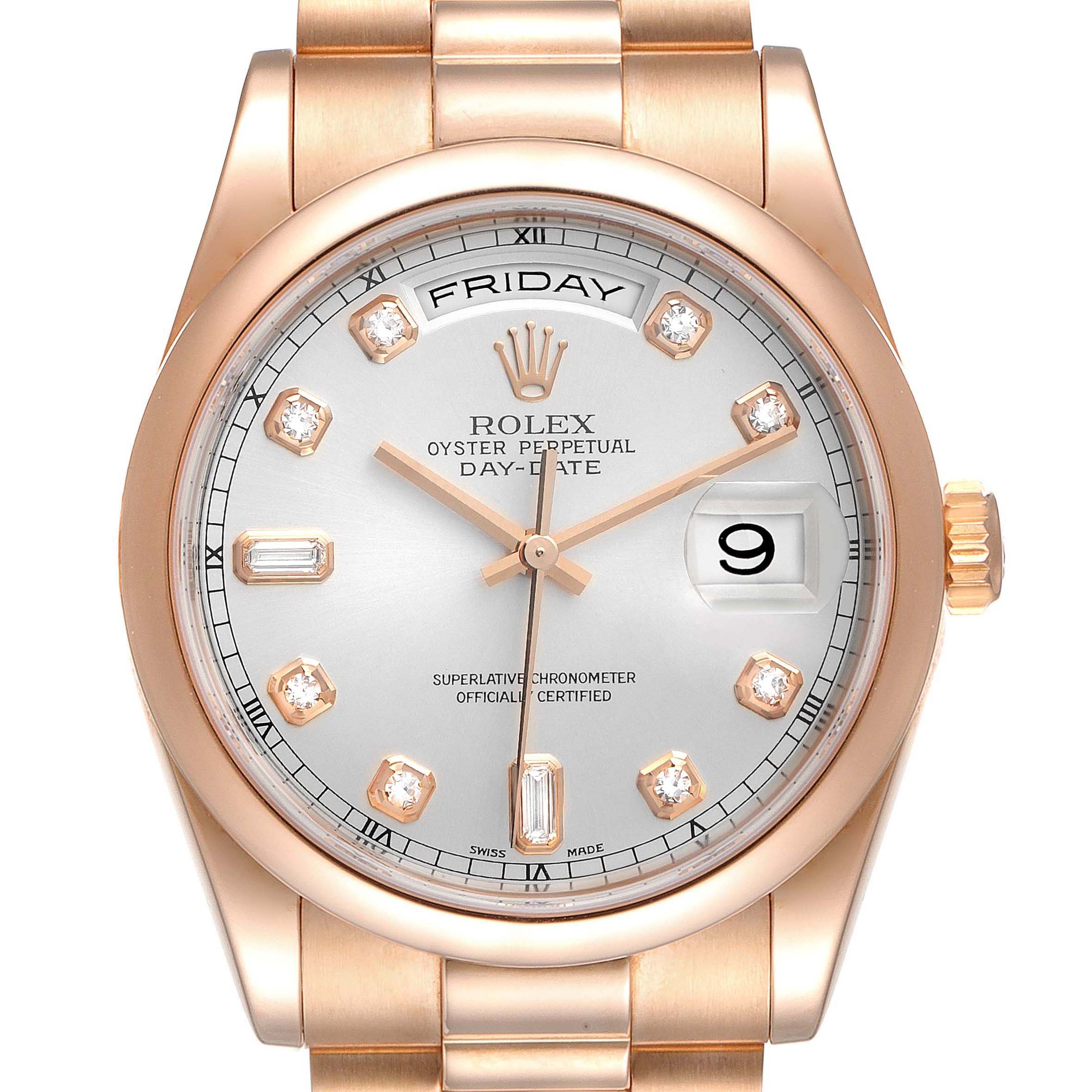 The image shows a front view of the Rolex President 118205 Men's Rose Gold Silver Dial 118205 Men's Rose Gold Silver Dial model, highlighting the dial, bezel, day and date windows, and part of the bracelet.