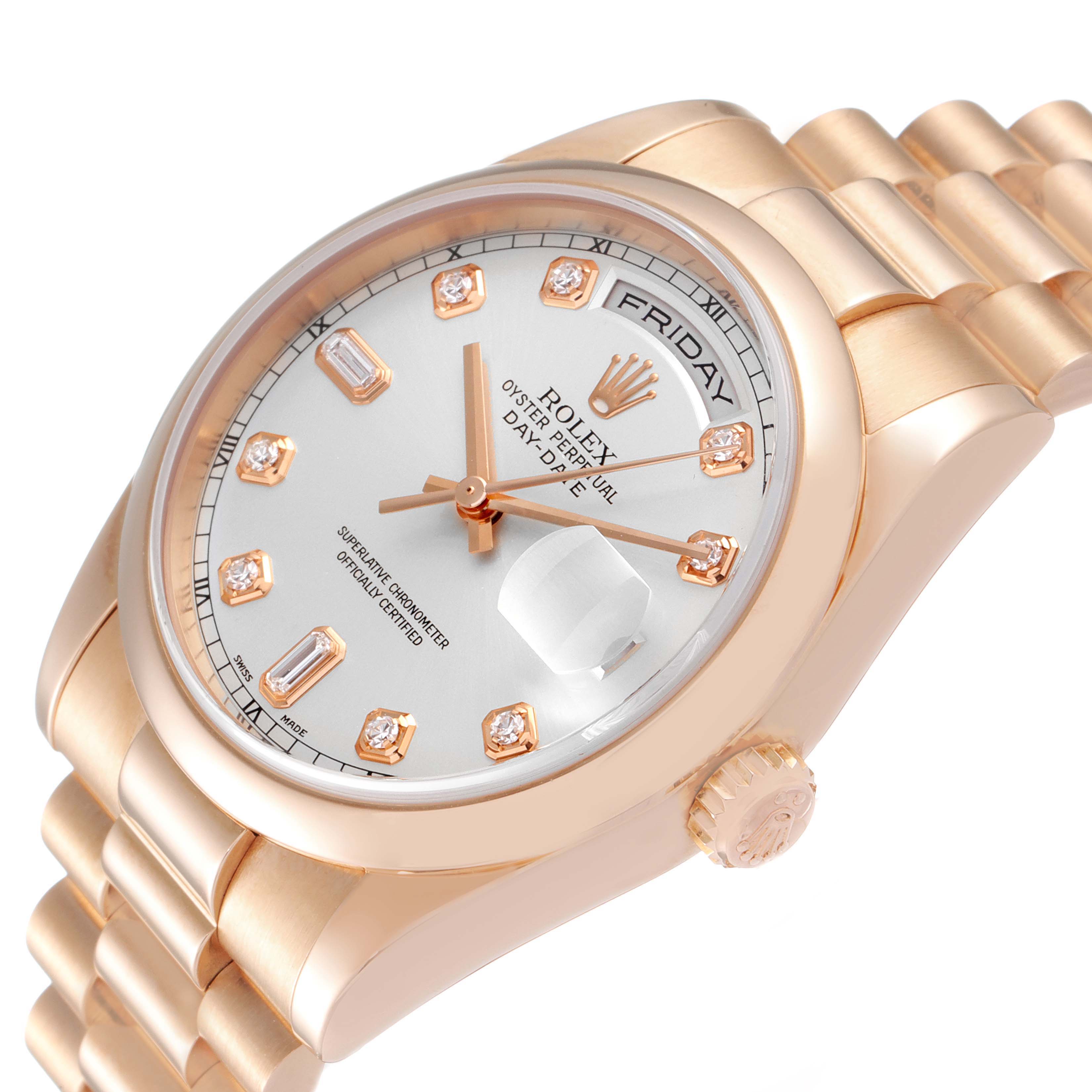 The Rolex President 118205 Men's Rose Gold Silver Dial 118205 Men's Rose Gold Silver Dial model watch is shown at an angle displaying the dial, bezel, crown, and bracelet.