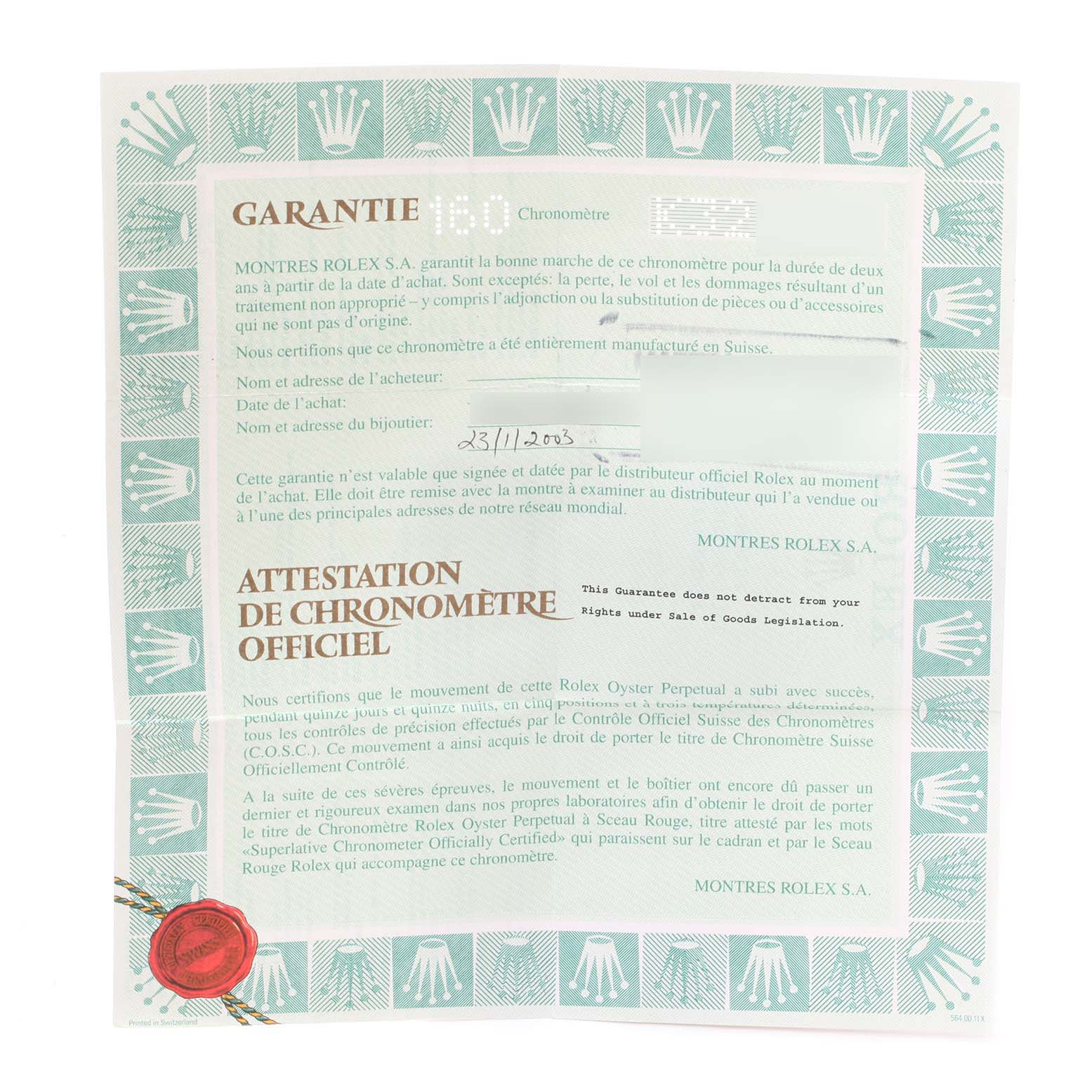 The image shows the guarantee and chronometer certificate for the Rolex President 118205 Men's Rose Gold Silver Dial 118205 Men's Rose Gold Silver Dial model watch, dated November 23, 2003.