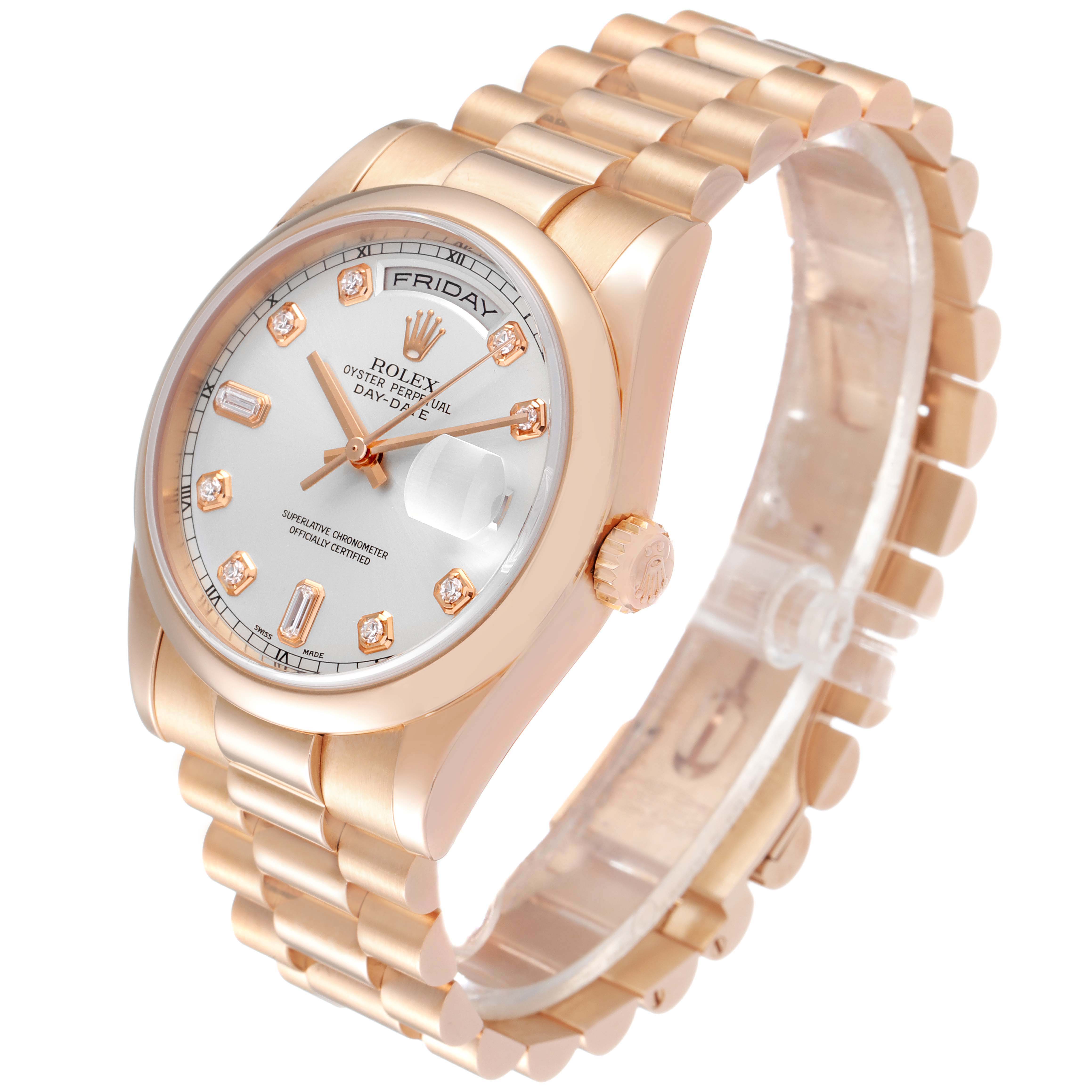 The Rolex President 118205 Men's Rose Gold Silver Dial 118205 Men's Rose Gold Silver Dial model watch is shown at a three-quarter angle, displaying its face, band, and side crown.