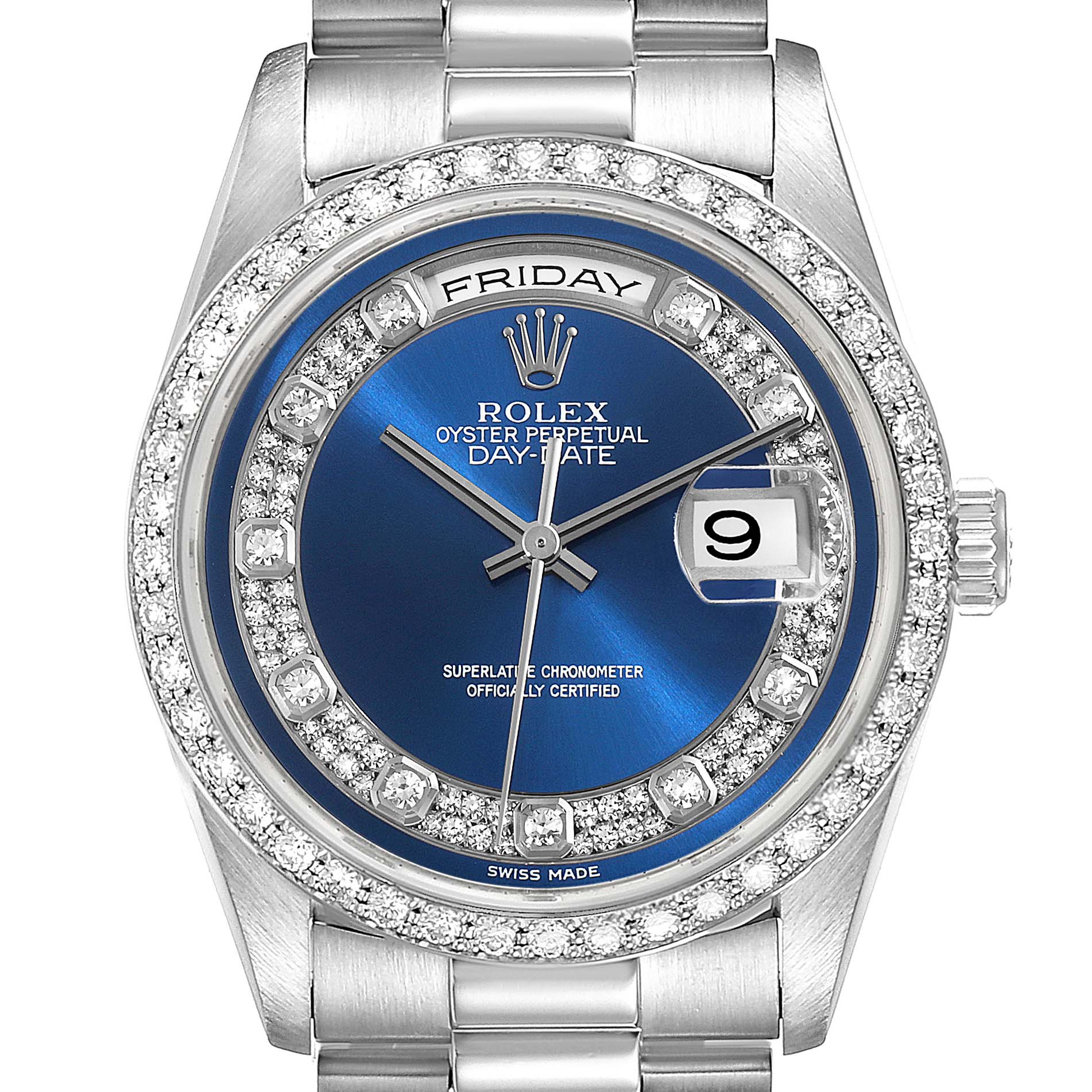 The image shows a front view of the Rolex President 18346 Men's Platinum Blue Dial 18346 Men's Platinum Blue Dial model watch with a blue dial and diamond bezel.