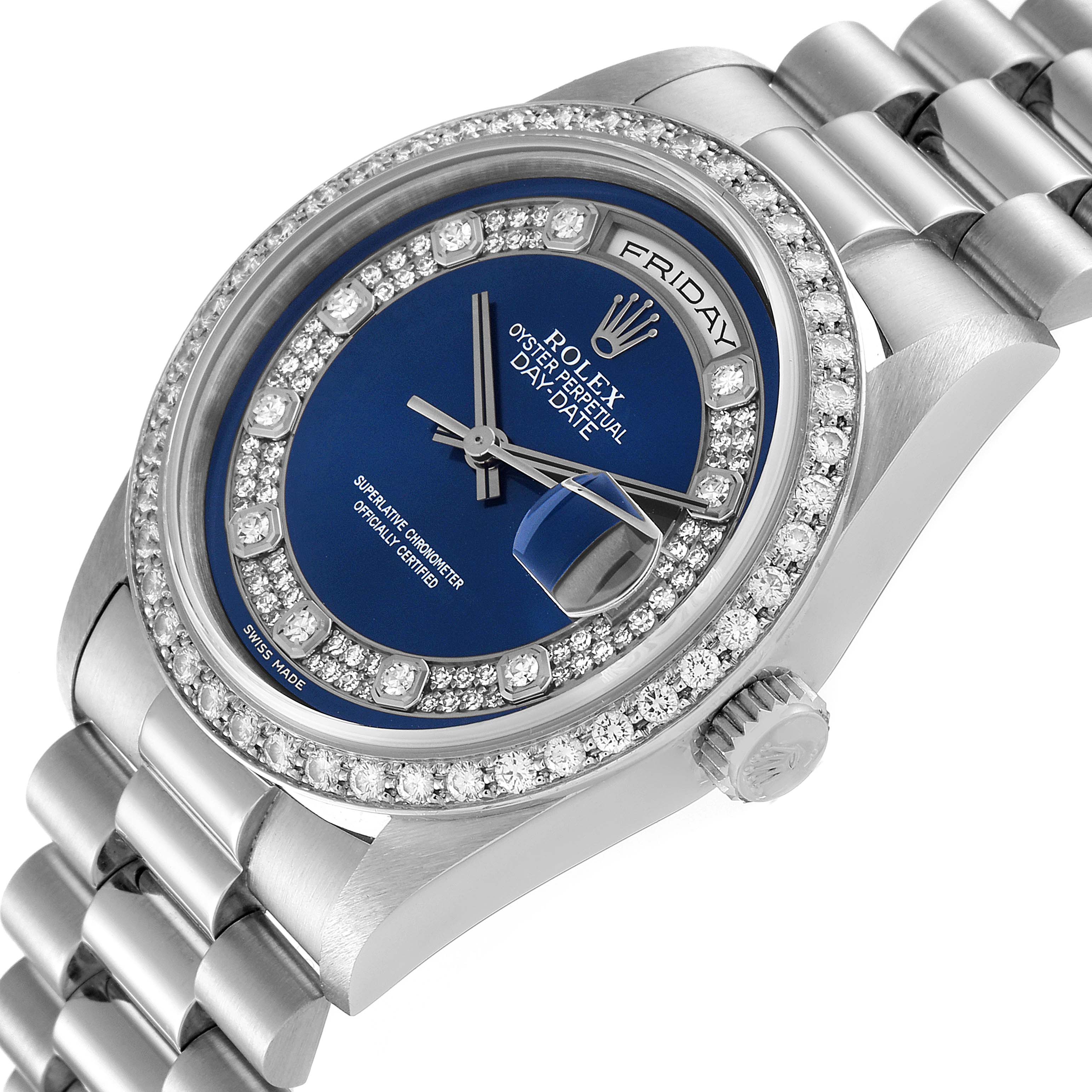 The image shows a Rolex President 18346 Men's Platinum Blue Dial 18346 Men's Platinum Blue Dial watch at an angled side view, highlighting the dial, bezel, and part of the bracelet.