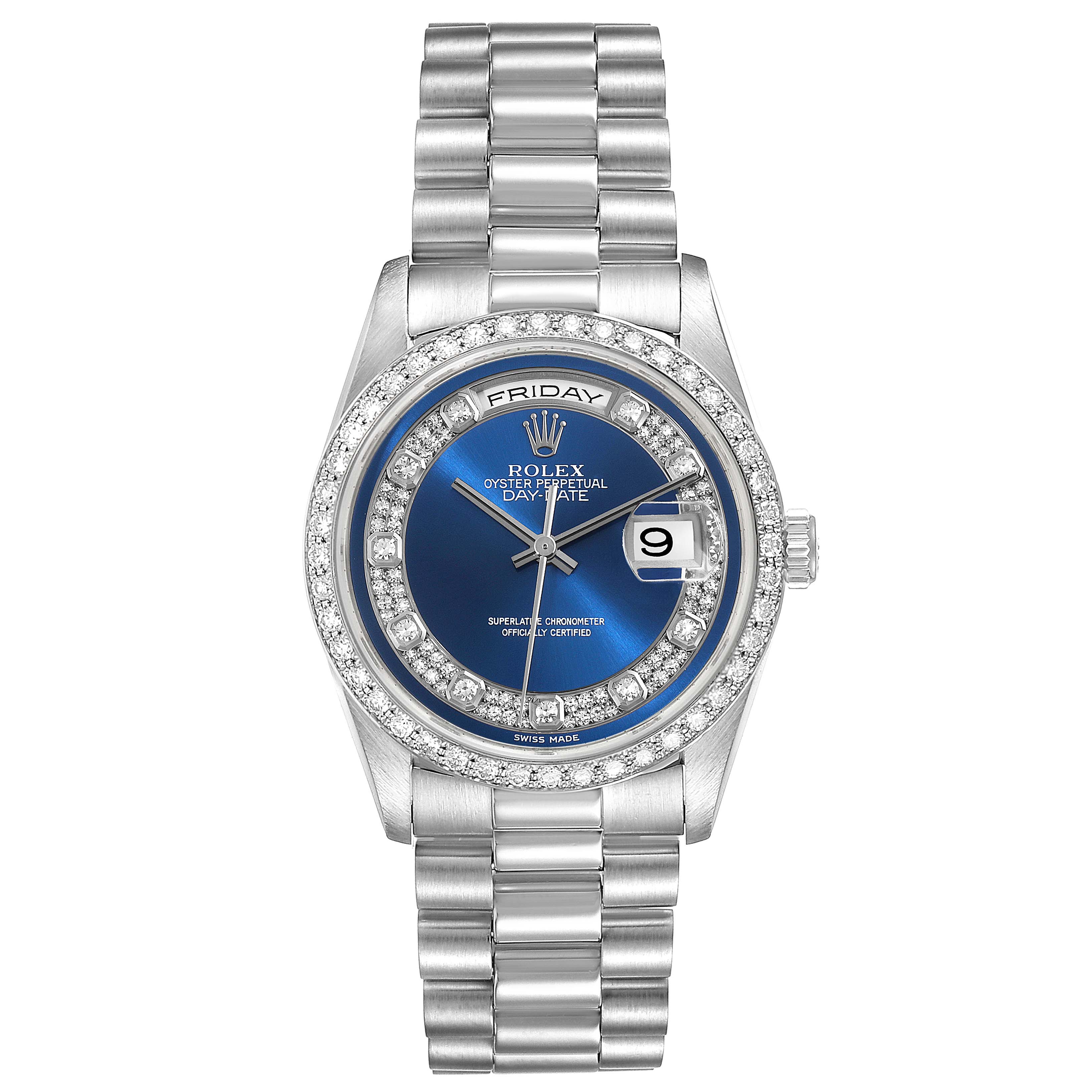 This image shows a Rolex President 18346 Men's Platinum Blue Dial 18346 Men's Platinum Blue Dial model watch with a blue dial, diamond bezel, and metal bracelet, viewed from the front.