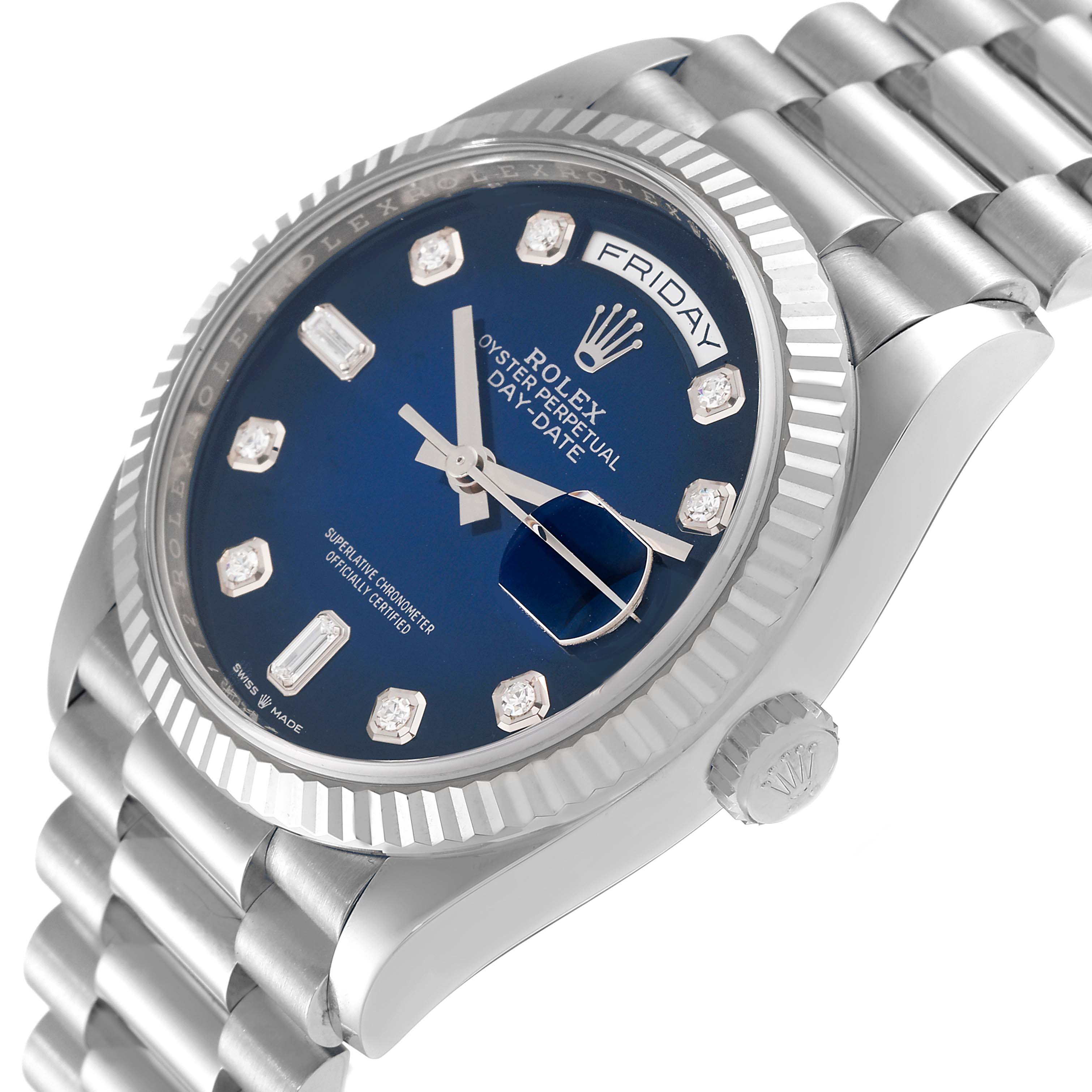 The Rolex President 128239 Men's White Gold Blue Dial 128239 Men's White Gold Blue Dial model watch shown is at a three-quarter angle, highlighting the blue dial, fluted bezel, and part of the bracelet.