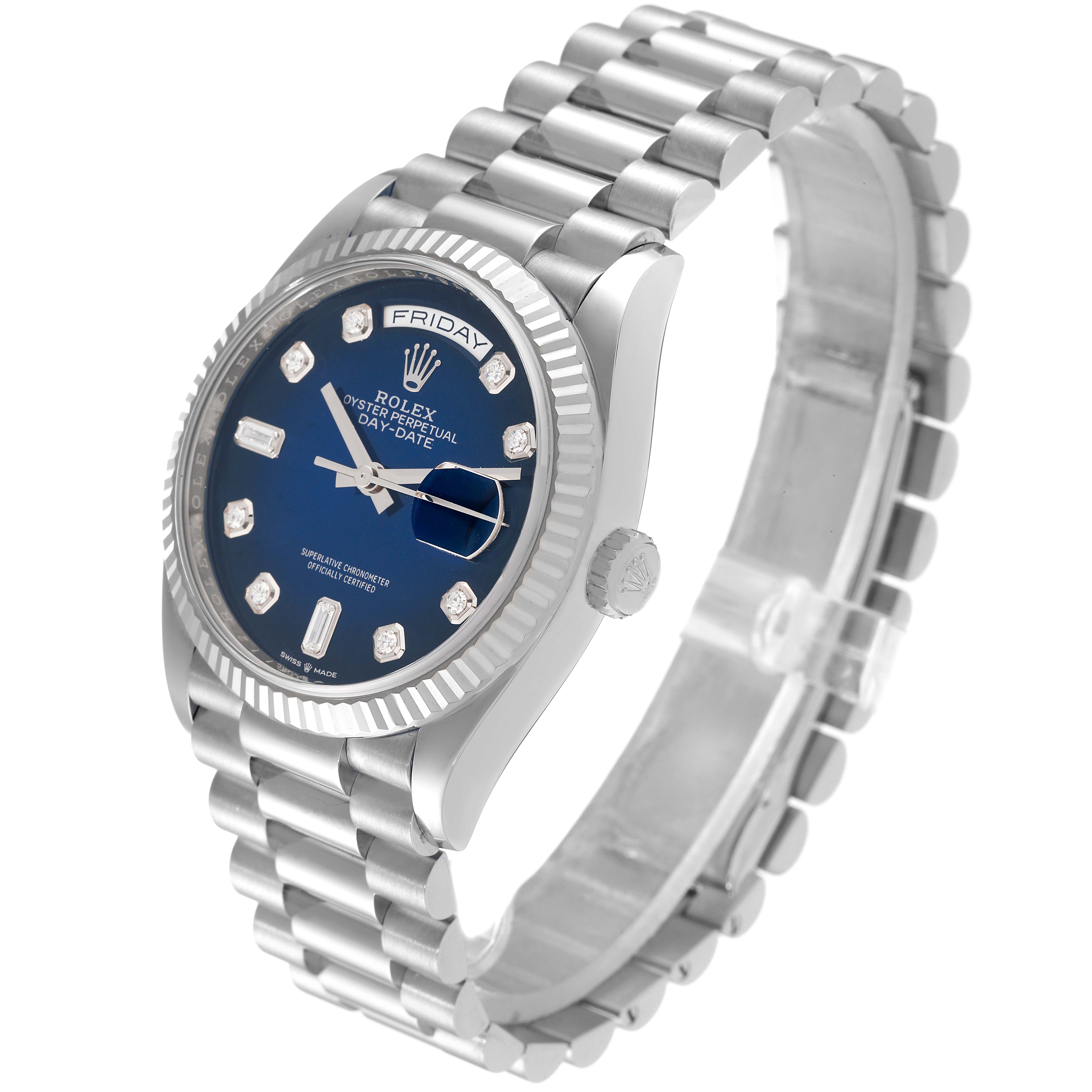 The image shows a Rolex President 128239 Men's White Gold Blue Dial 128239 Men's White Gold Blue Dial watch at an angle that displays its face, bracelet, and crown.
