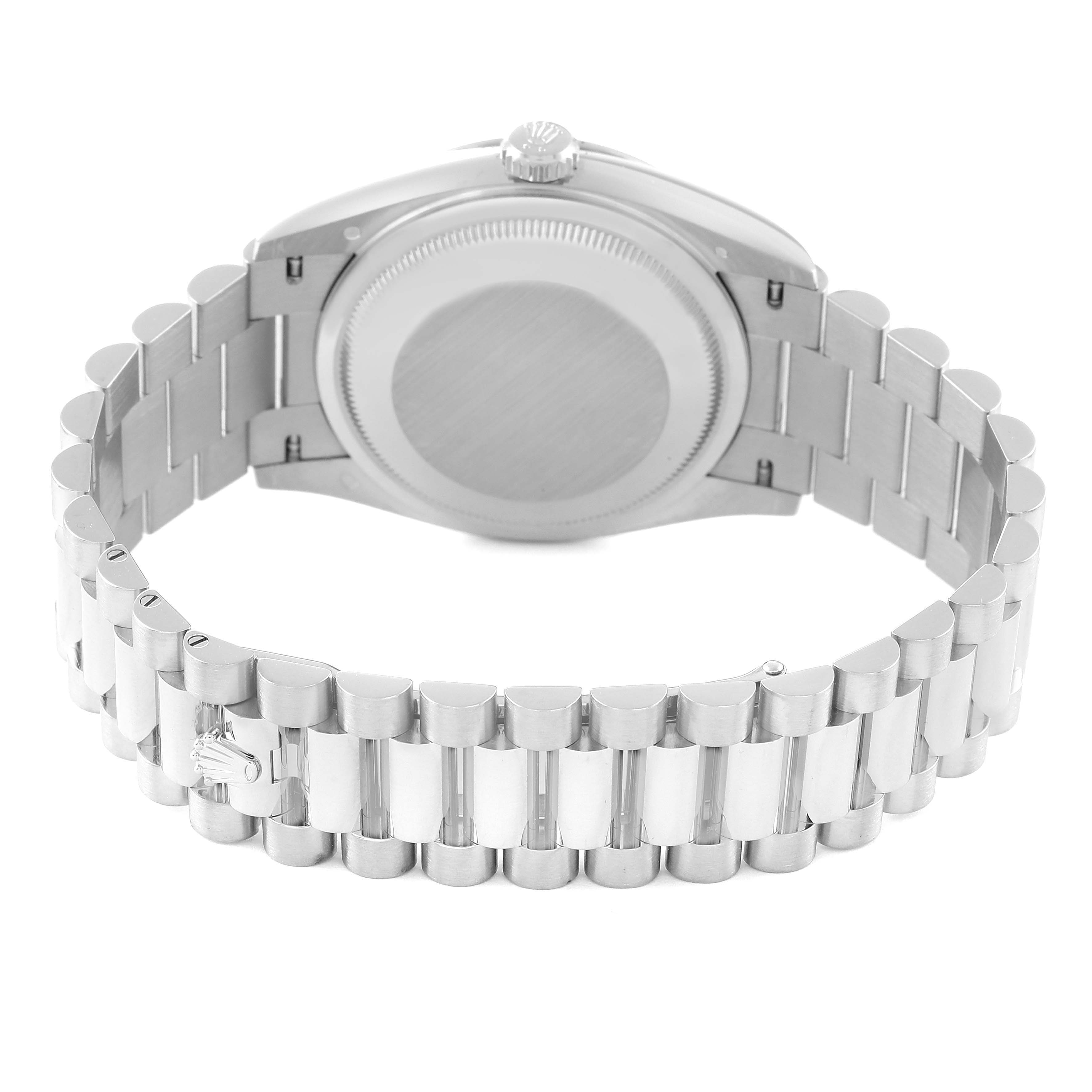 The image shows the back case and bracelet of the Rolex President 128239 Men's White Gold Blue Dial 128239 Men's White Gold Blue Dial model watch, viewed from the rear.