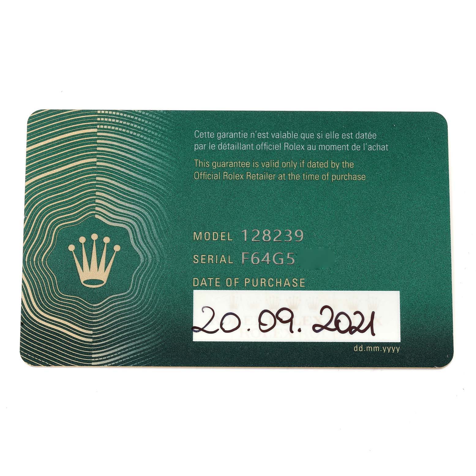 The image shows a Rolex warranty card for the President model, with the model number, serial number, and date of purchase.