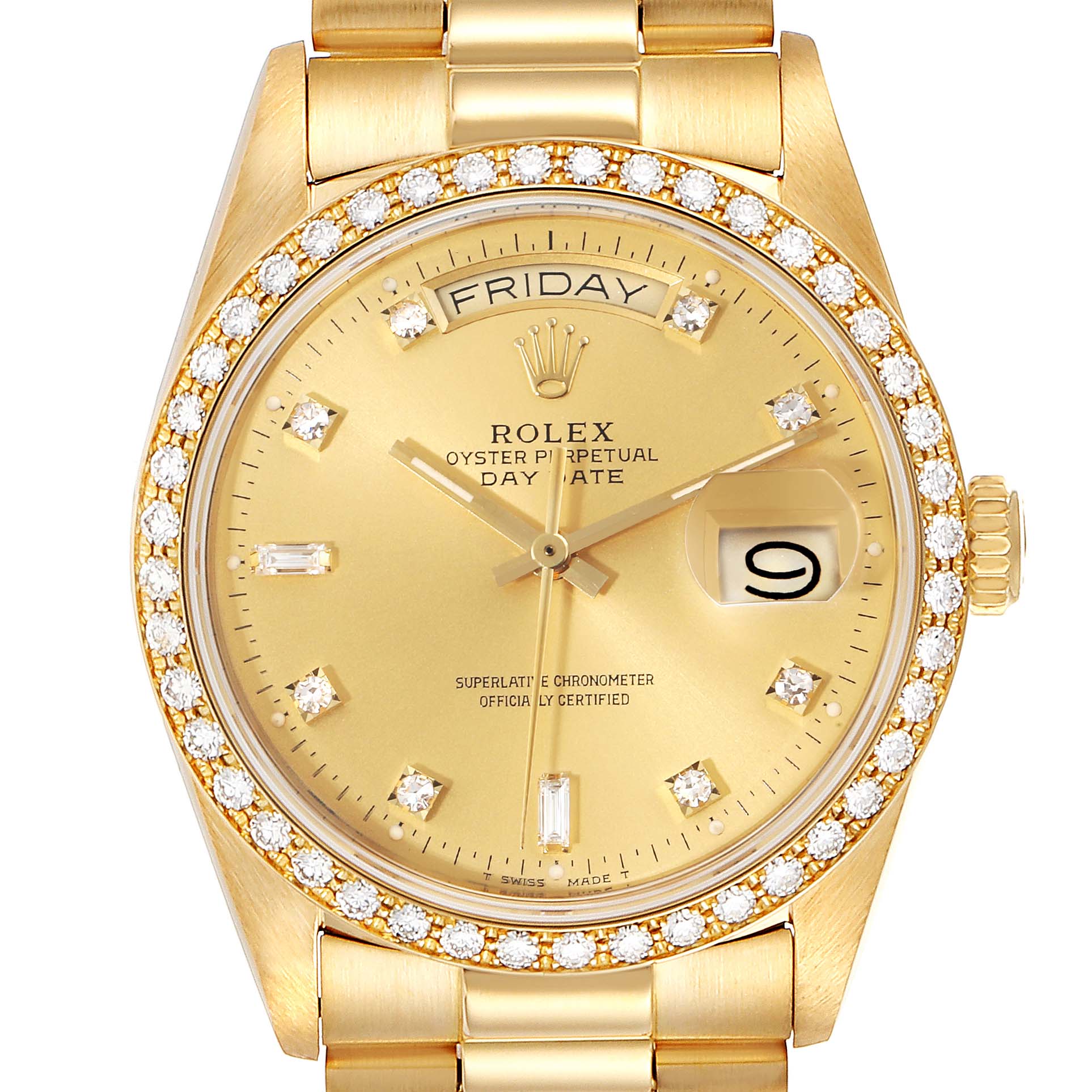 The image shows a close-up front view of the Rolex President 18048 Men
s Yellow Gold Champagne Dial 18048 Men
s Yellow Gold Champagne Dial Day-Date watch featuring a gold dial and diamond bezel.