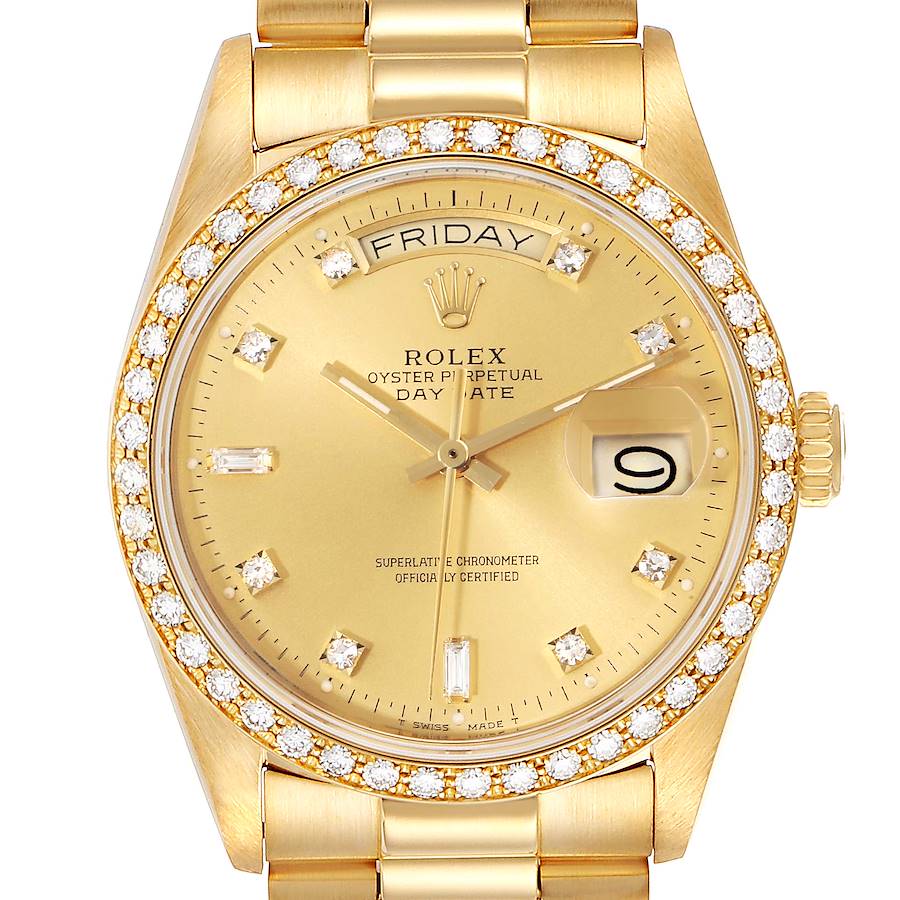 Rolex President Day-Date Yellow Gold Diamond Bezel Watch 18048 SwissWatchExpo