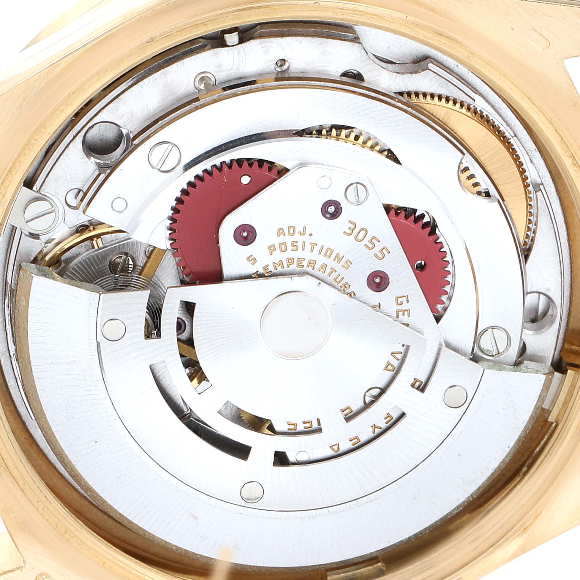 This image shows a close-up of the inner mechanics and movement of the Rolex President 18048 Men
s Yellow Gold Champagne Dial 18048 Men
s Yellow Gold Champagne Dial model watch.