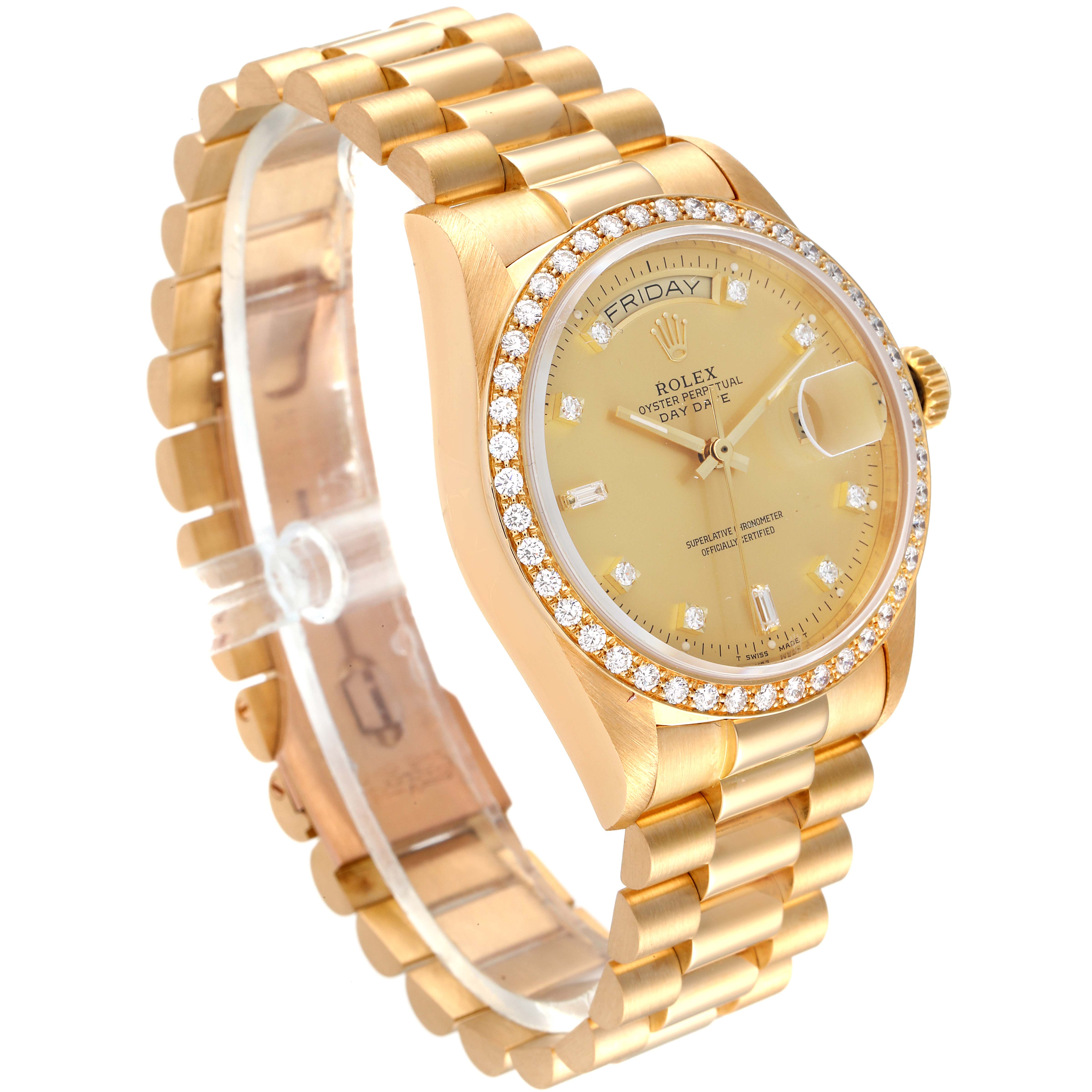 The Rolex President 18048 Men
s Yellow Gold Champagne Dial 18048 Men
s Yellow Gold Champagne Dial model watch is shown at a 3/4 angle, displaying the gold bracelet, diamond bezel, and gold dial.
