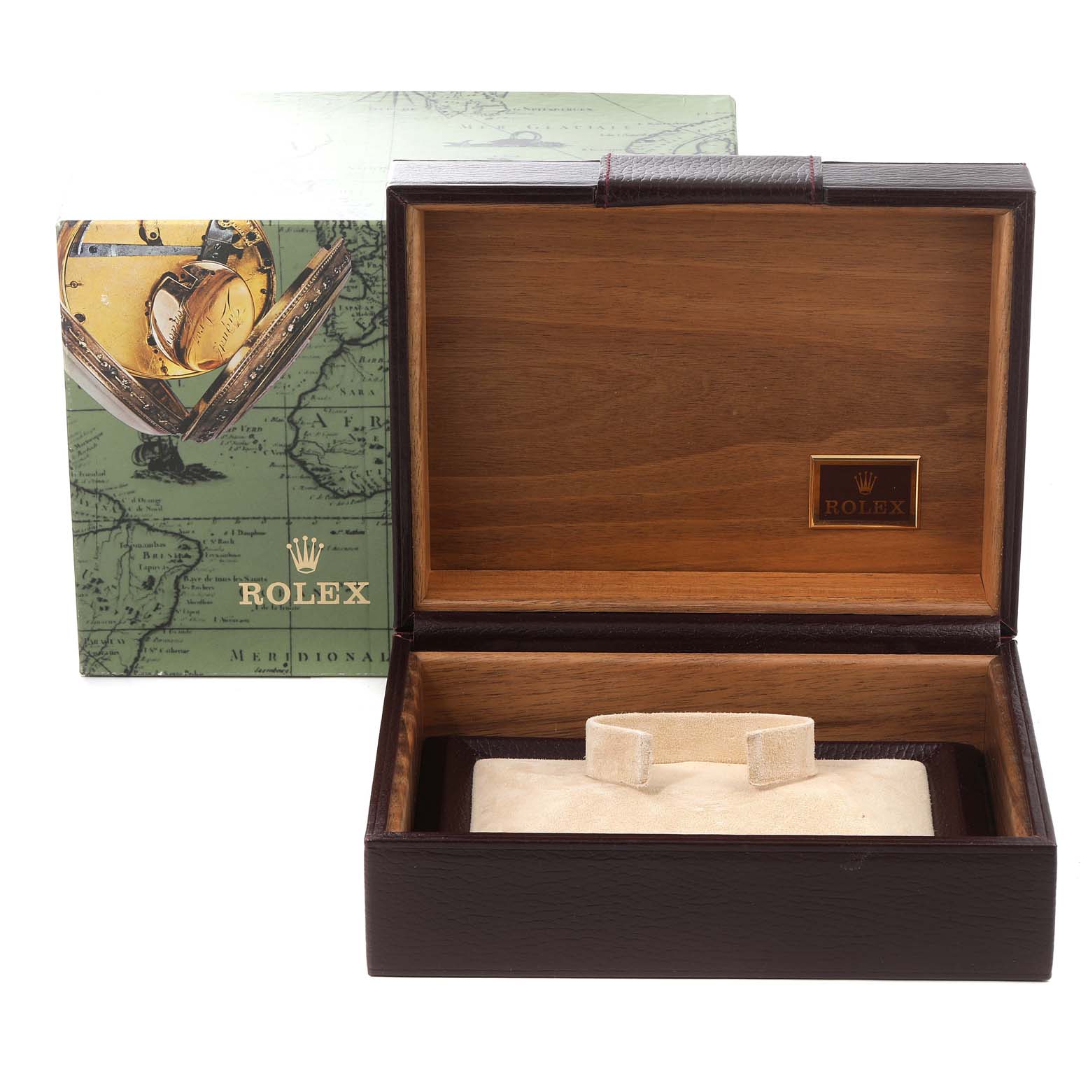 The image shows an open Rolex President 18048 Men
s Yellow Gold Champagne Dial 18048 Men
s Yellow Gold Champagne Dial model watch box with a cushion inside and a branded outer box in the background.