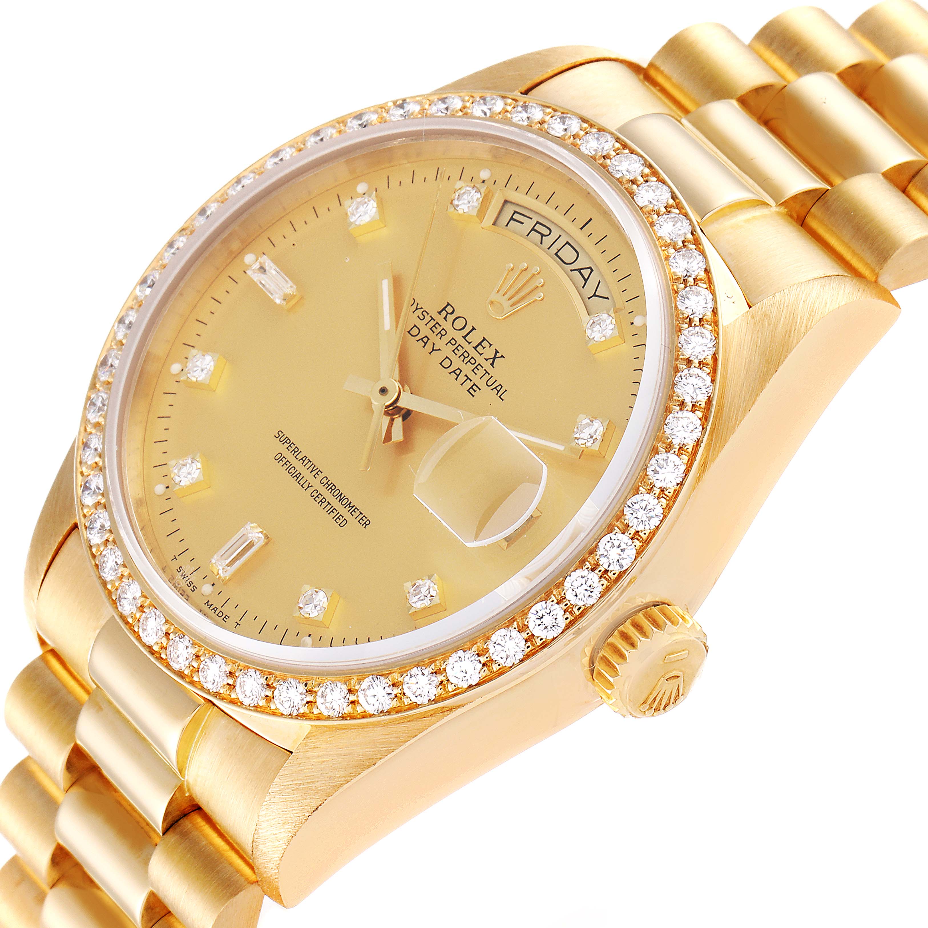 The image shows a close-up angled view of the Rolex President 18048 Men
s Yellow Gold Champagne Dial 18048 Men
s Yellow Gold Champagne Dial model watch, highlighting the gold case, bezel, and bracelet.
