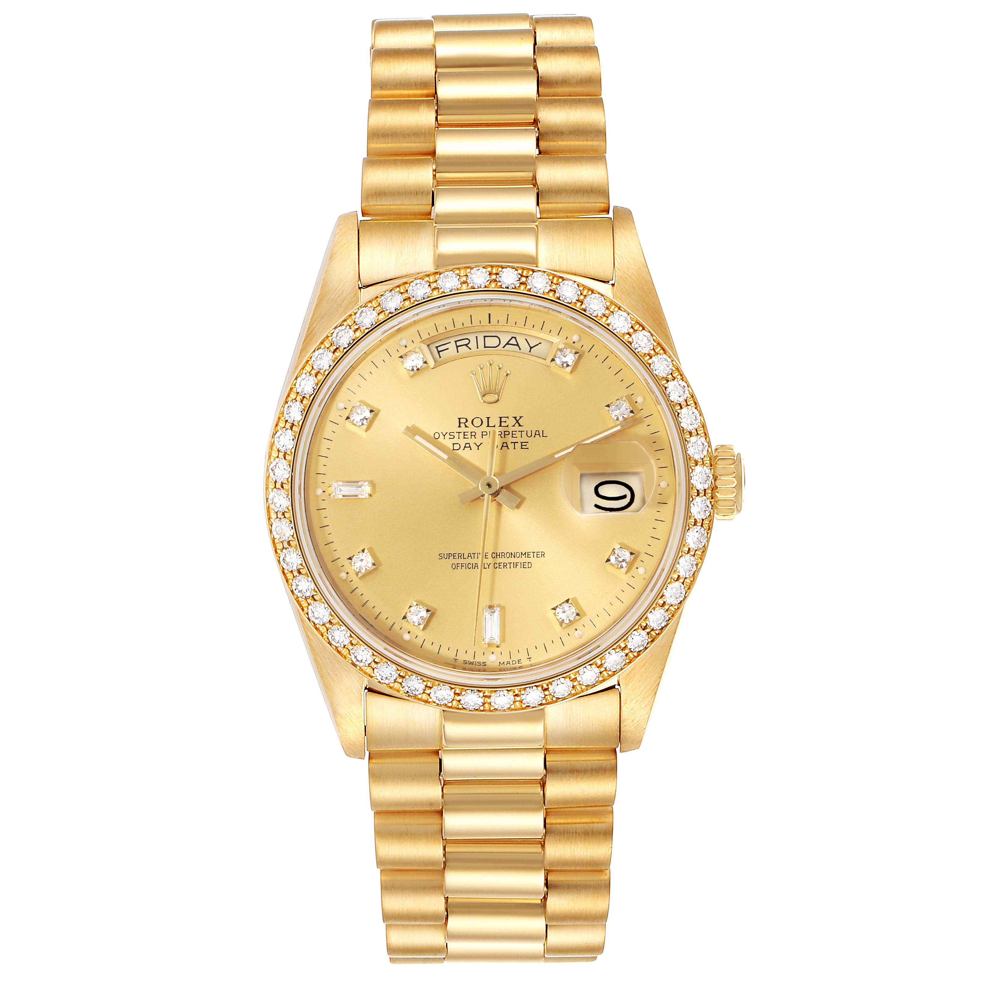 The Rolex President 18048 Men
s Yellow Gold Champagne Dial 18048 Men
s Yellow Gold Champagne Dial watch model is shown from the front angle, displaying the face, bracelet, and crown.