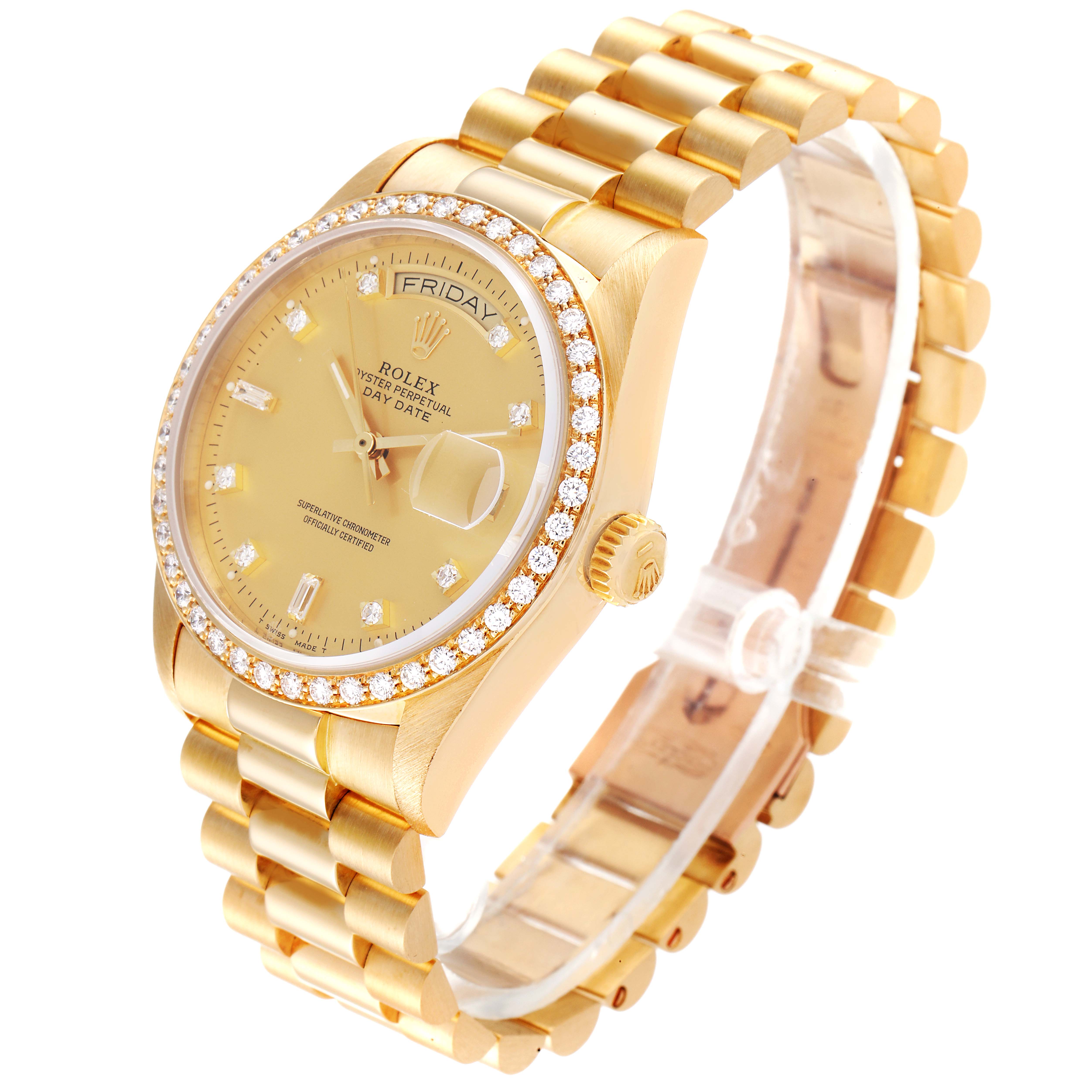 The Rolex President 18048 Men
s Yellow Gold Champagne Dial 18048 Men
s Yellow Gold Champagne Dial model watch is shown at an angled side view, highlighting its gold bracelet and diamond bezel.