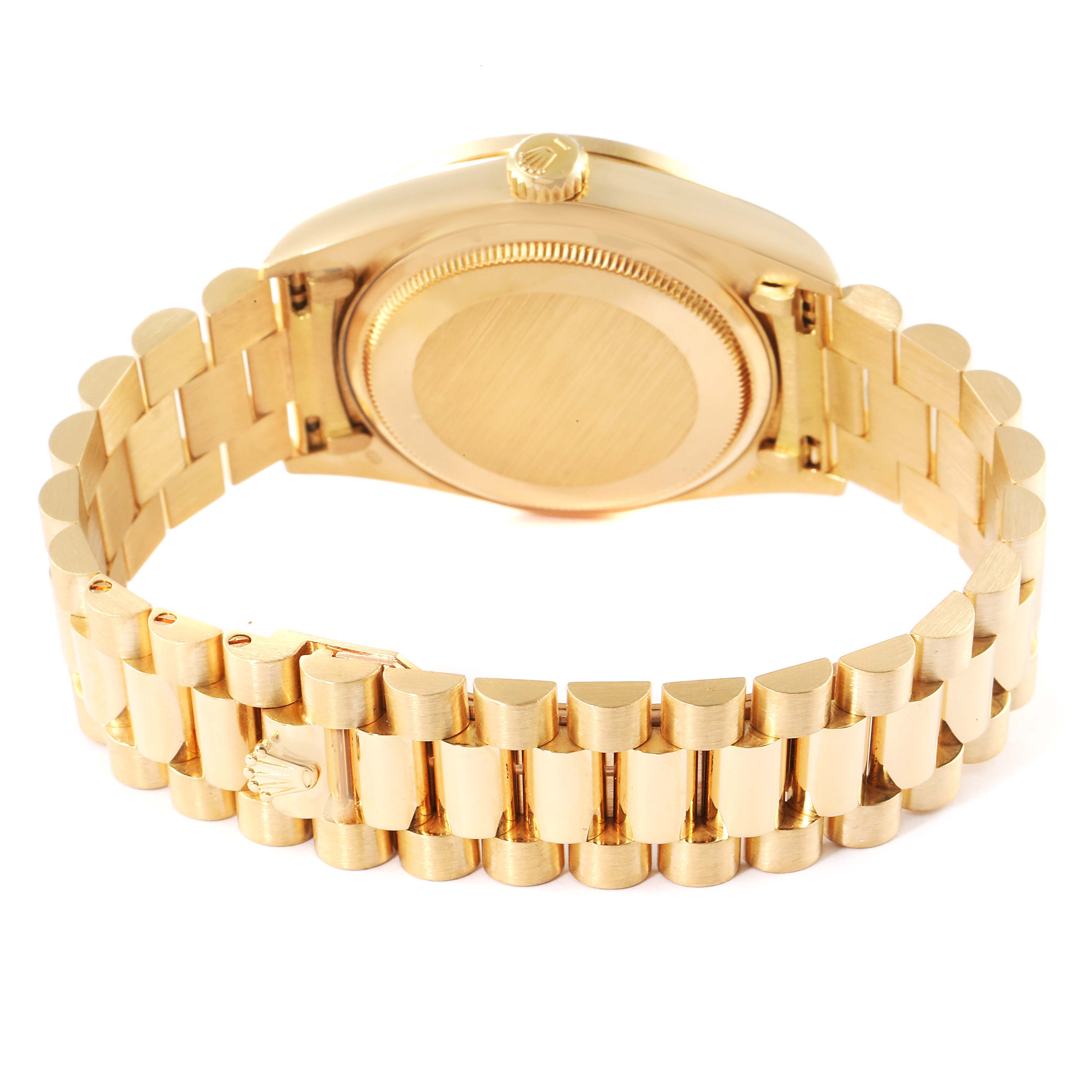 This is the back view of a Rolex President 18048 Men
s Yellow Gold Champagne Dial 18048 Men
s Yellow Gold Champagne Dial model watch, showing the case back and gold link bracelet.