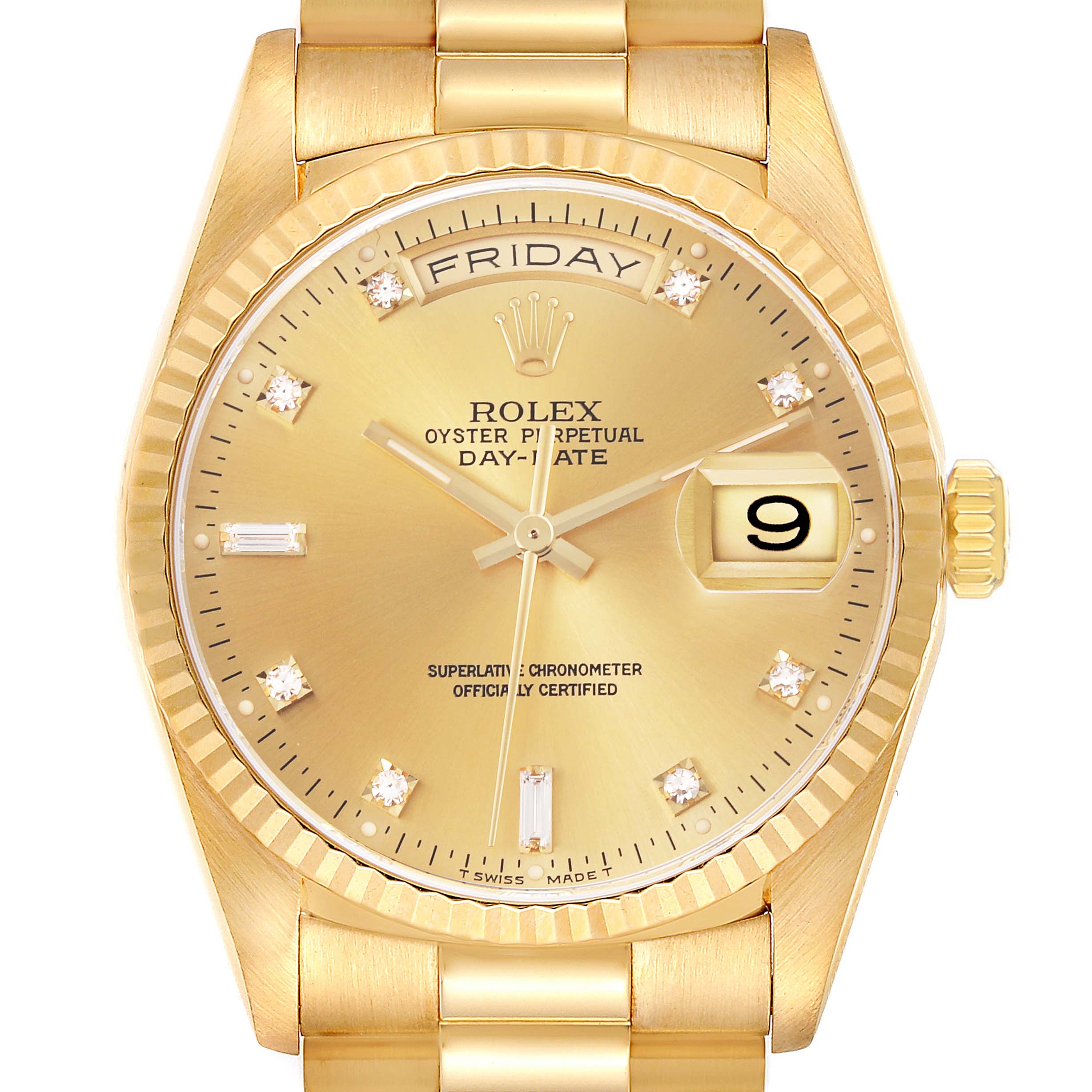 The Rolex President 18238 Men
s Yellow Gold Champagne Dial 18238 Men
s Yellow Gold Champagne Dial model is shown from a front angle, displaying the dial, bezel, day-date feature, crown, and bracelet.