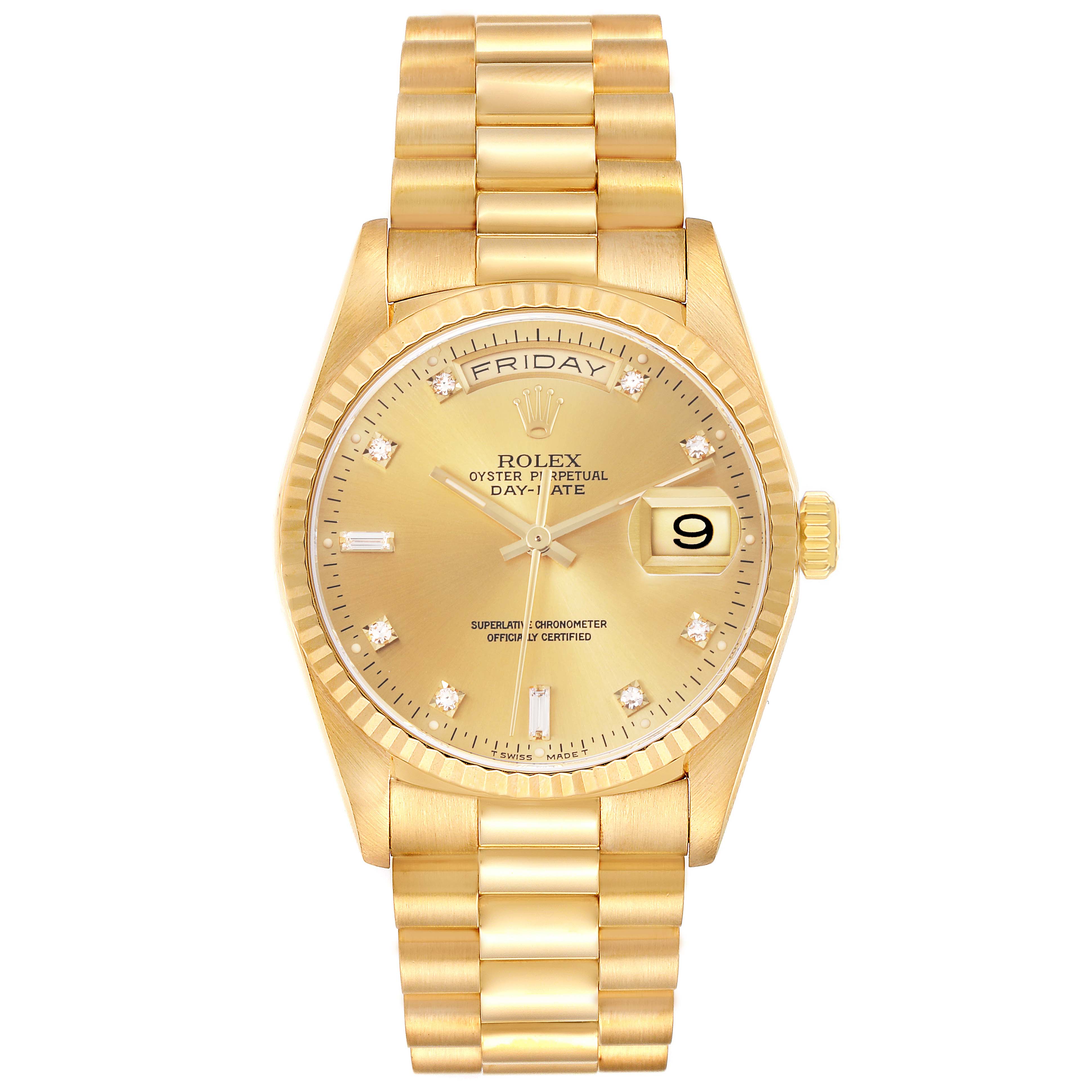 The Rolex President 18238 Men
s Yellow Gold Champagne Dial 18238 Men
s Yellow Gold Champagne Dial model watch is shown from a top-down angle, displaying the entire face and bracelet.