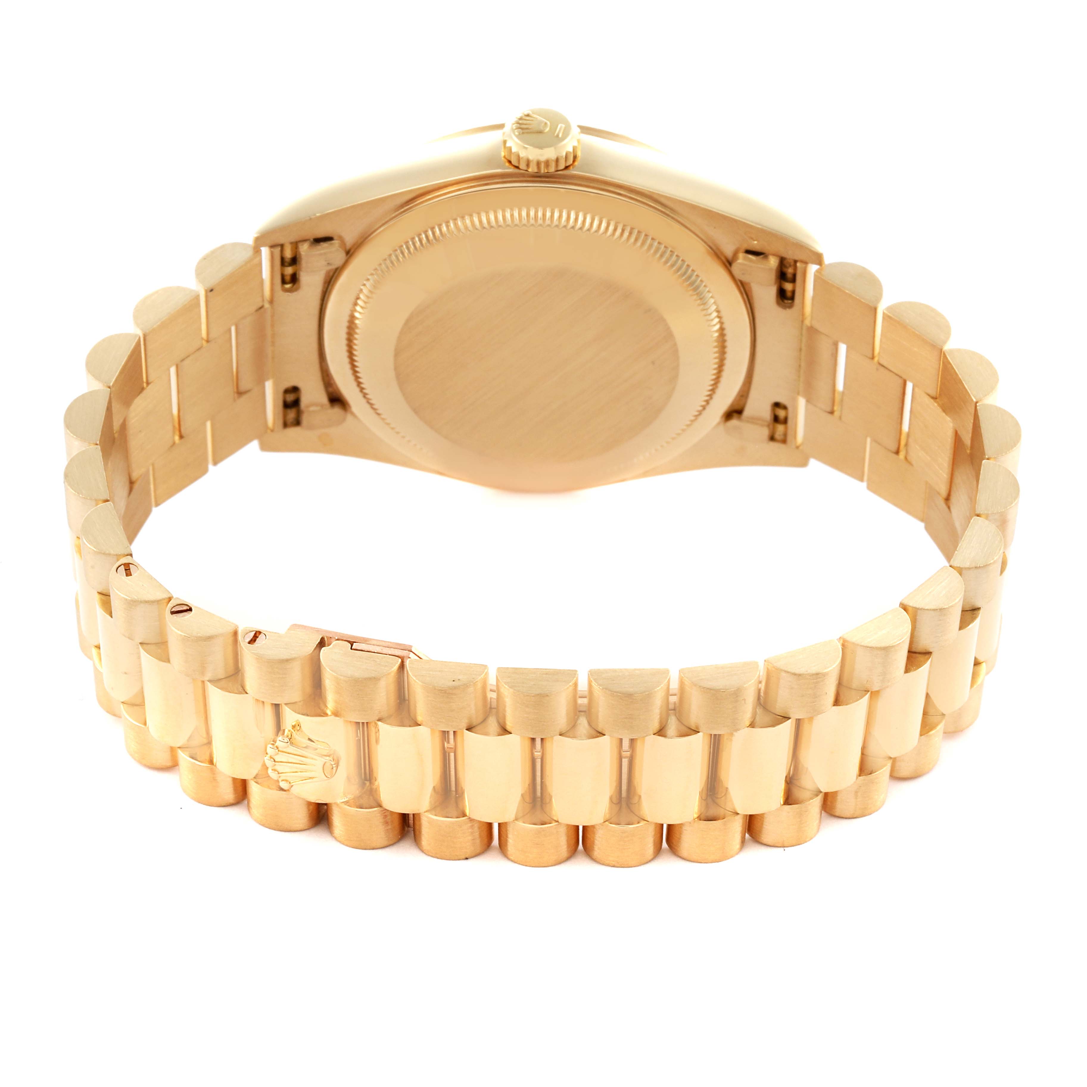 The image shows the back case and bracelet of the Rolex President 18238 Men
s Yellow Gold Champagne Dial 18238 Men
s Yellow Gold Champagne Dial model from a rear angle.