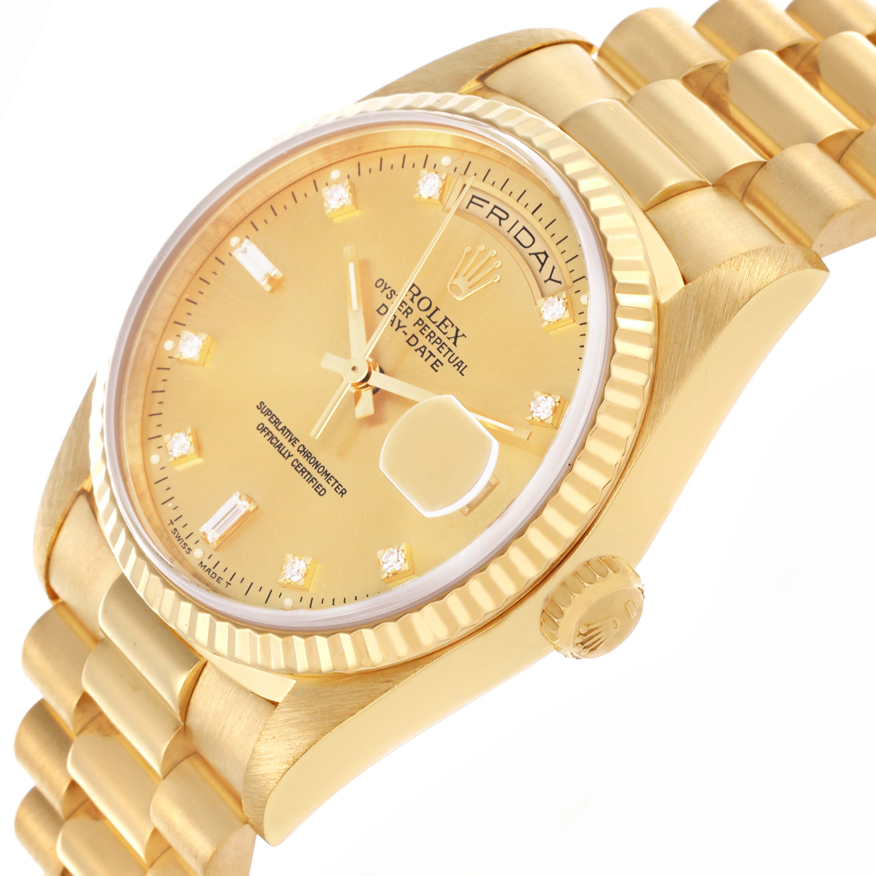The Rolex President 18238 Men
s Yellow Gold Champagne Dial 18238 Men
s Yellow Gold Champagne Dial watch is shown at an angled view highlighting the bezel, dial with day-date display, crown, and part of the bracelet.