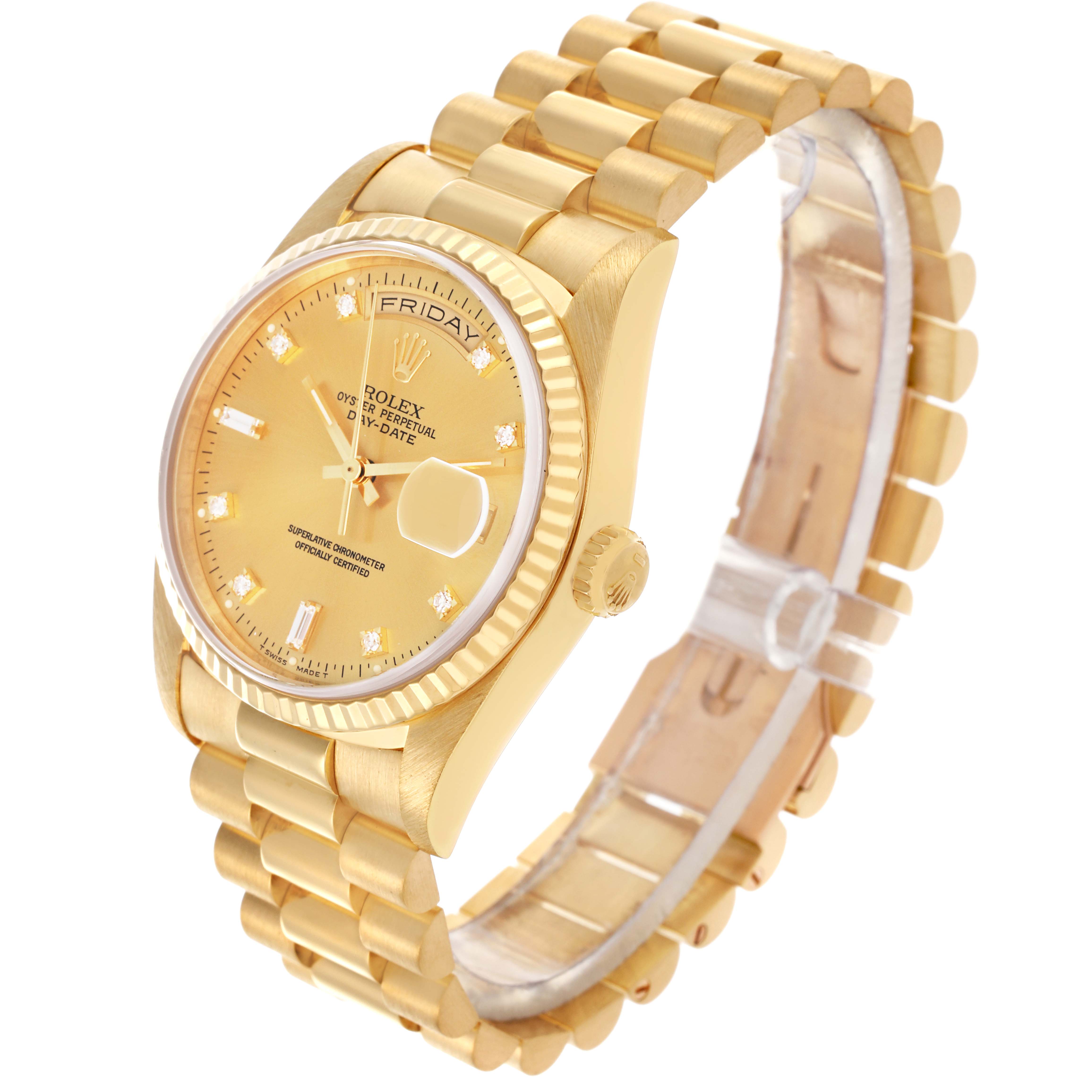 The Rolex President 18238 Men
s Yellow Gold Champagne Dial 18238 Men
s Yellow Gold Champagne Dial watch is shown at an angled side view highlighting the gold bracelet, dial, and fluted bezel.