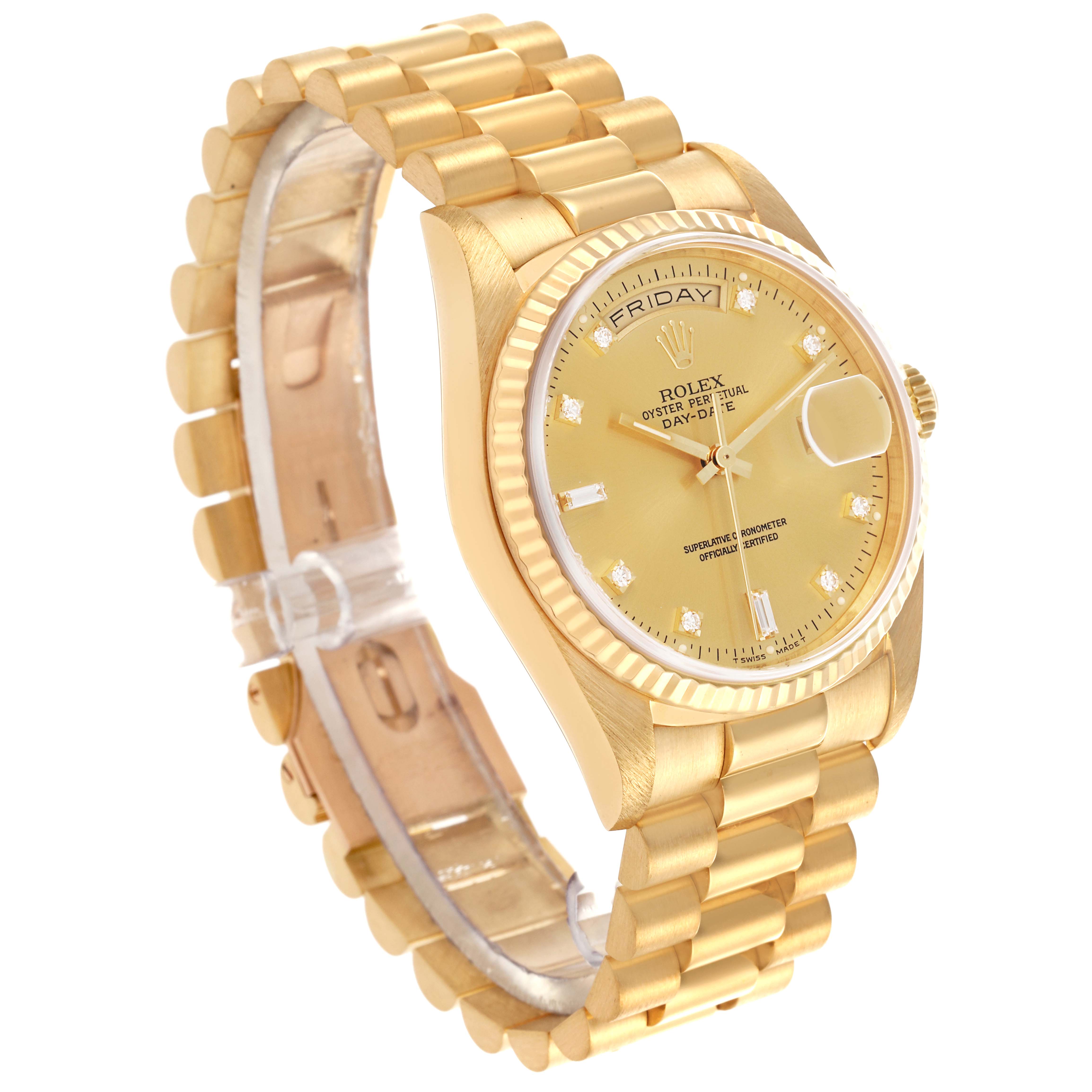 The Rolex President 18238 Men
s Yellow Gold Champagne Dial 18238 Men
s Yellow Gold Champagne Dial model is shown at a slight angle, highlighting the watch face, case, and bracelet.