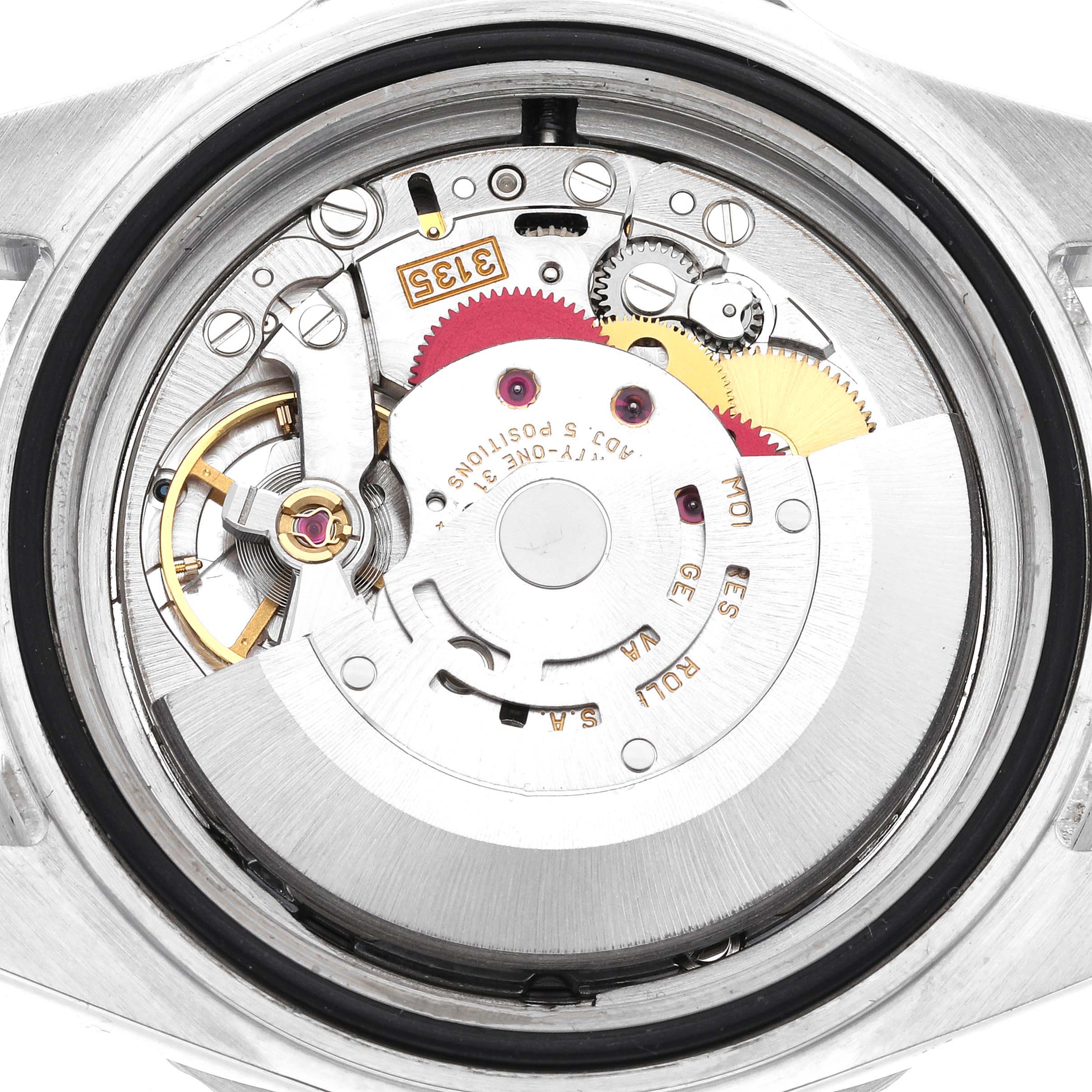 The image shows the back of the Rolex Sea-Dweller 16600T Men's Stainless Steel Black Dial 16600T Men's Stainless Steel Black Dial, highlighting its intricate internal movement components.