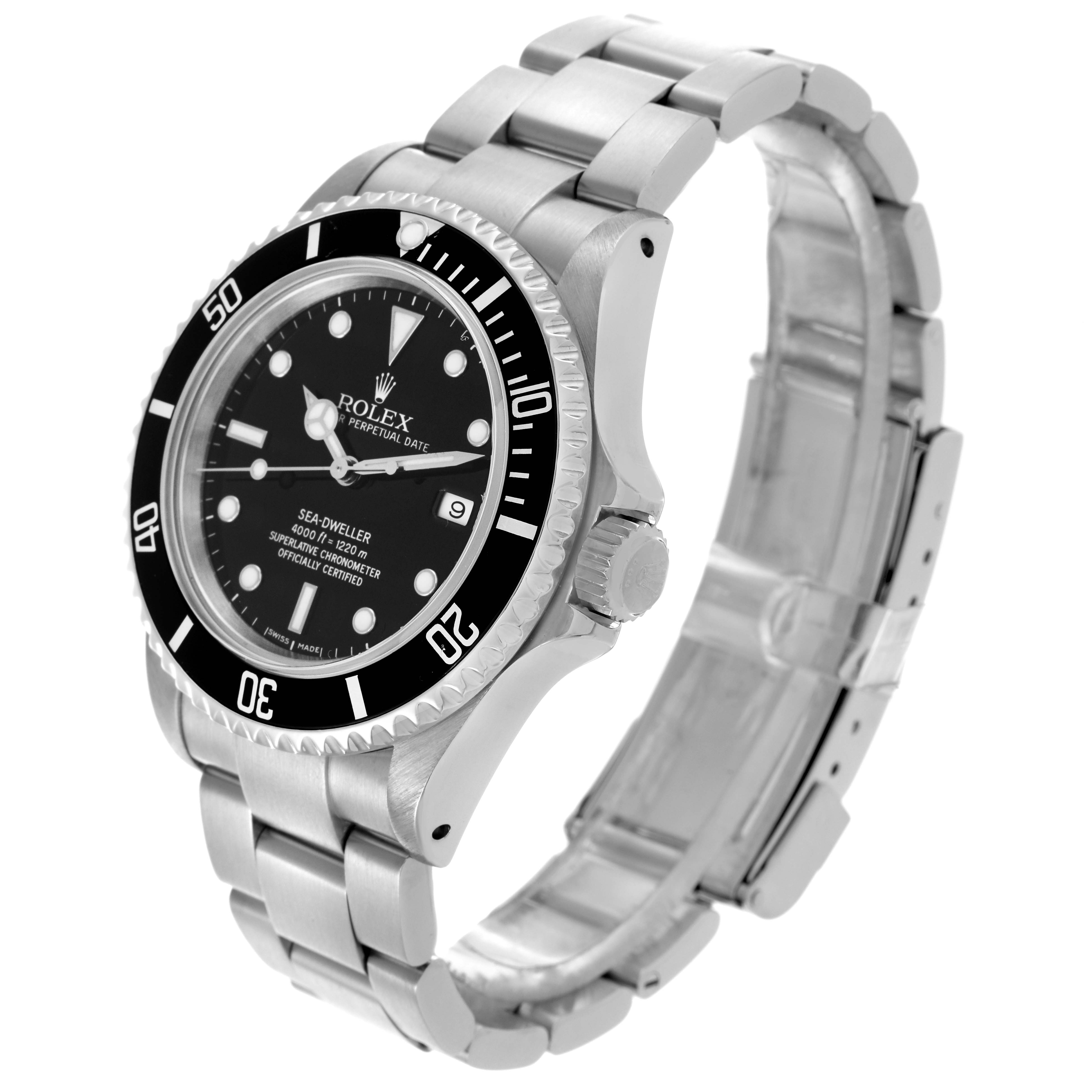 The Rolex Sea-Dweller 16600T Men's Stainless Steel Black Dial 16600T Men's Stainless Steel Black Dial watch is shown at a three-quarter angle, displaying the dial, bezel, crown, and bracelet.