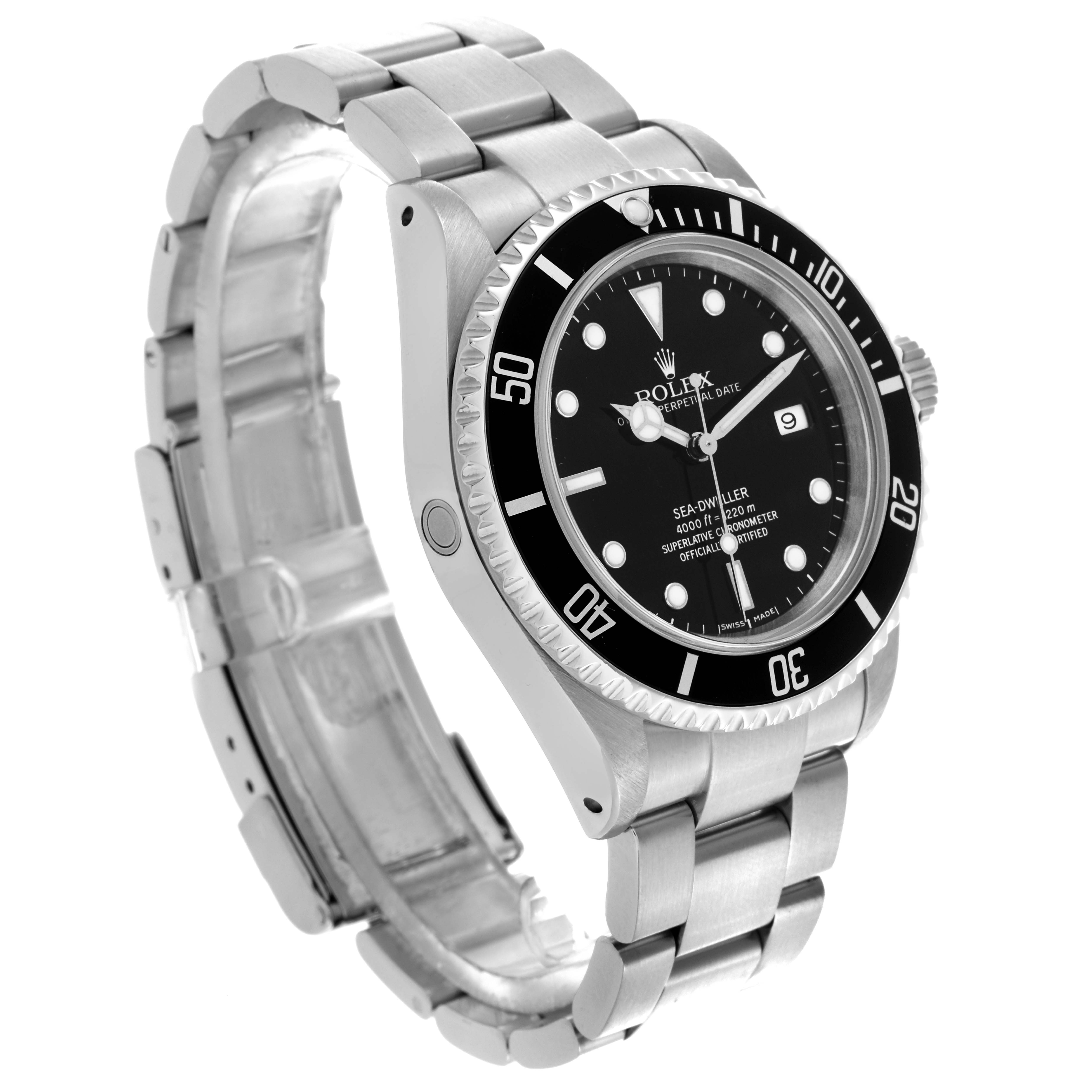 The Rolex Sea-Dweller 16600T Men's Stainless Steel Black Dial 16600T Men's Stainless Steel Black Dial watch is shown at a three-quarter angle, highlighting the dial, bezel, and metal bracelet.