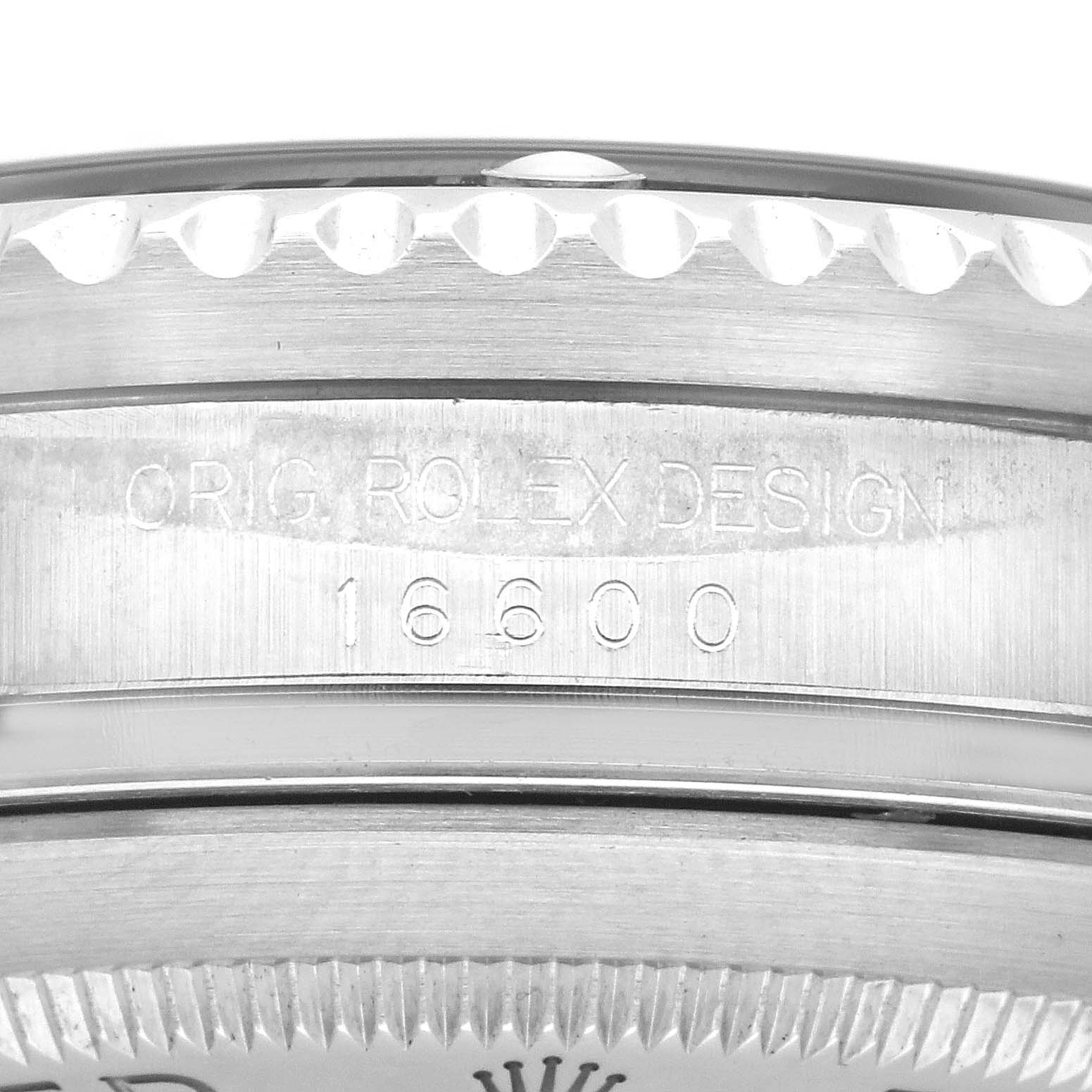 The image shows a close-up of the side engraving on the case of a Rolex Sea-Dweller 16600T Men's Stainless Steel Black Dial 16600T Men's Stainless Steel Black Dial, displaying the model number 16600.