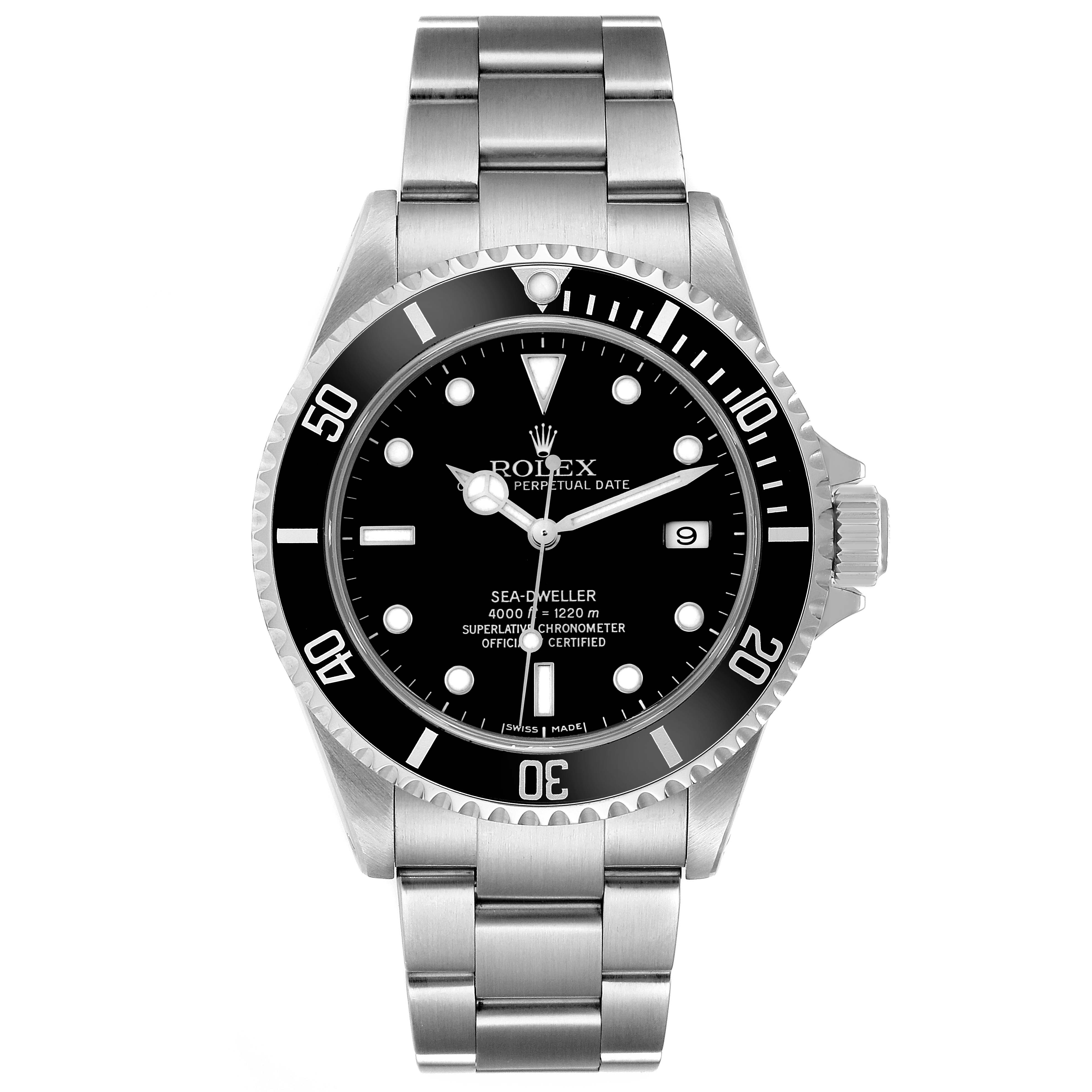 The image shows a front view of the Rolex Sea-Dweller 16600T Men's Stainless Steel Black Dial 16600T Men's Stainless Steel Black Dial, highlighting its dial, bezel, and bracelet.
